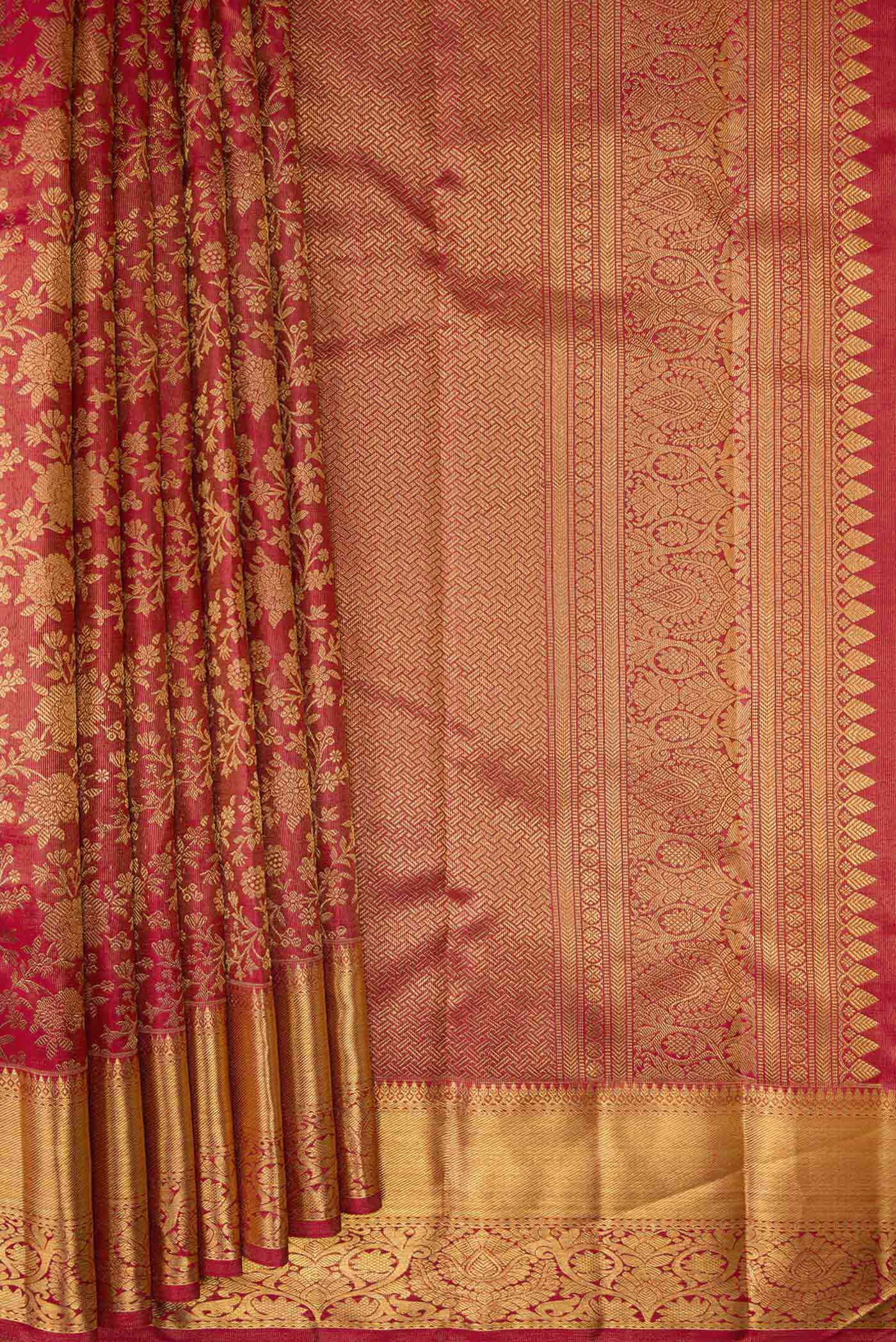 Pure Silk Pure Zari Red with Gold Color Kanjivaram Tissue Saree - Image 4