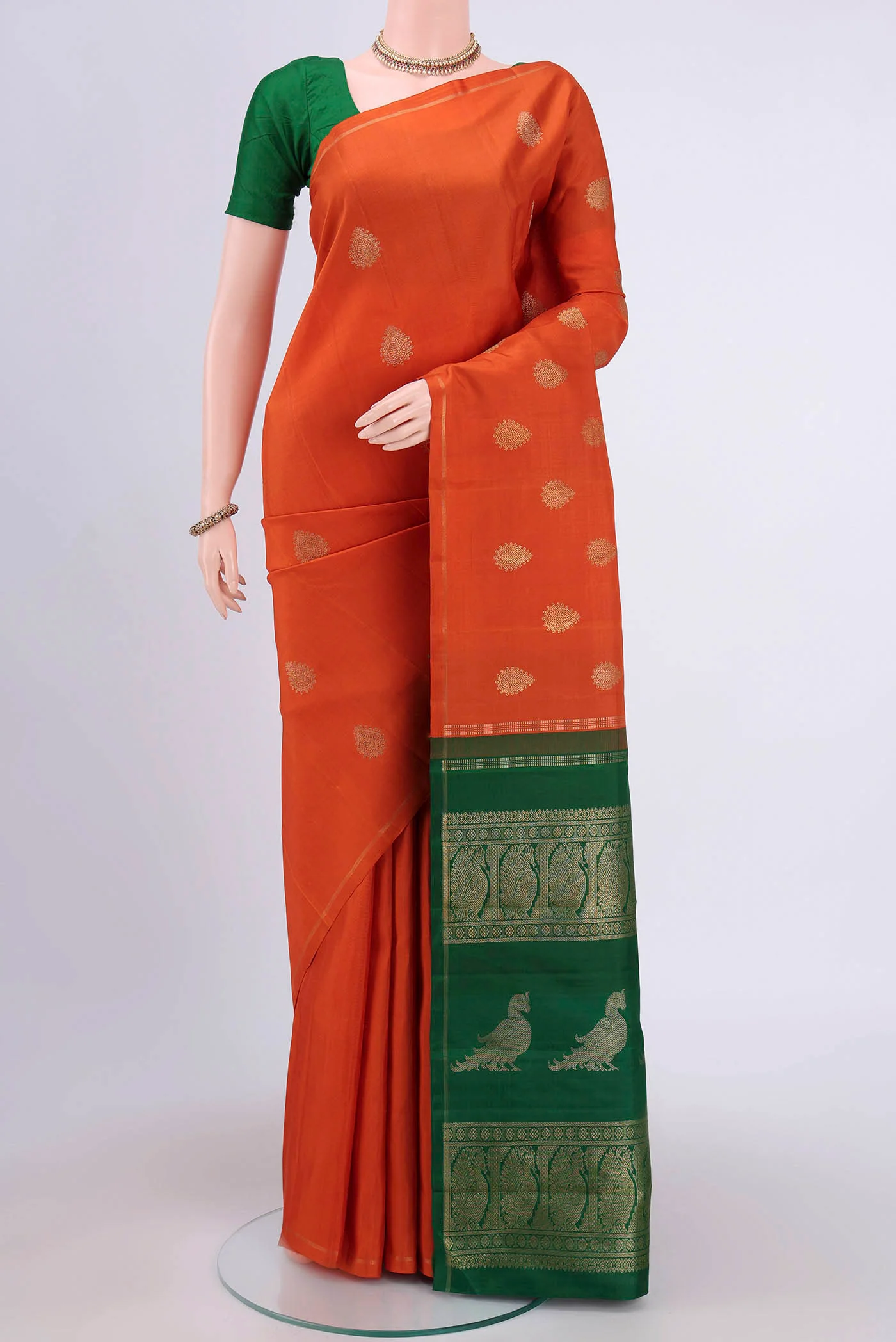 Pure Silk Pure Zari Brick Orange Kanchipuram Saree