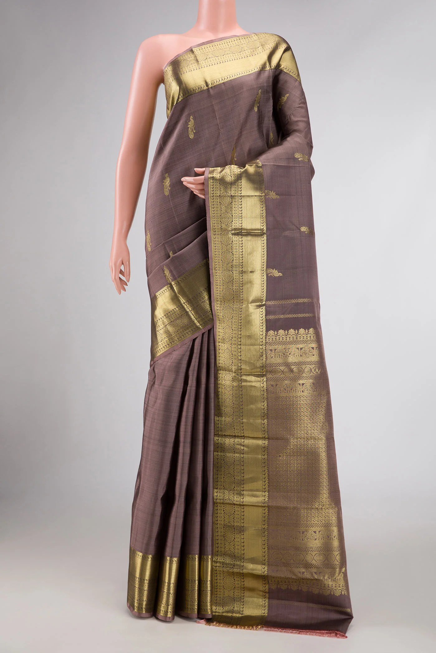 Grey with Brown Color Kanchipuram Silk Saree