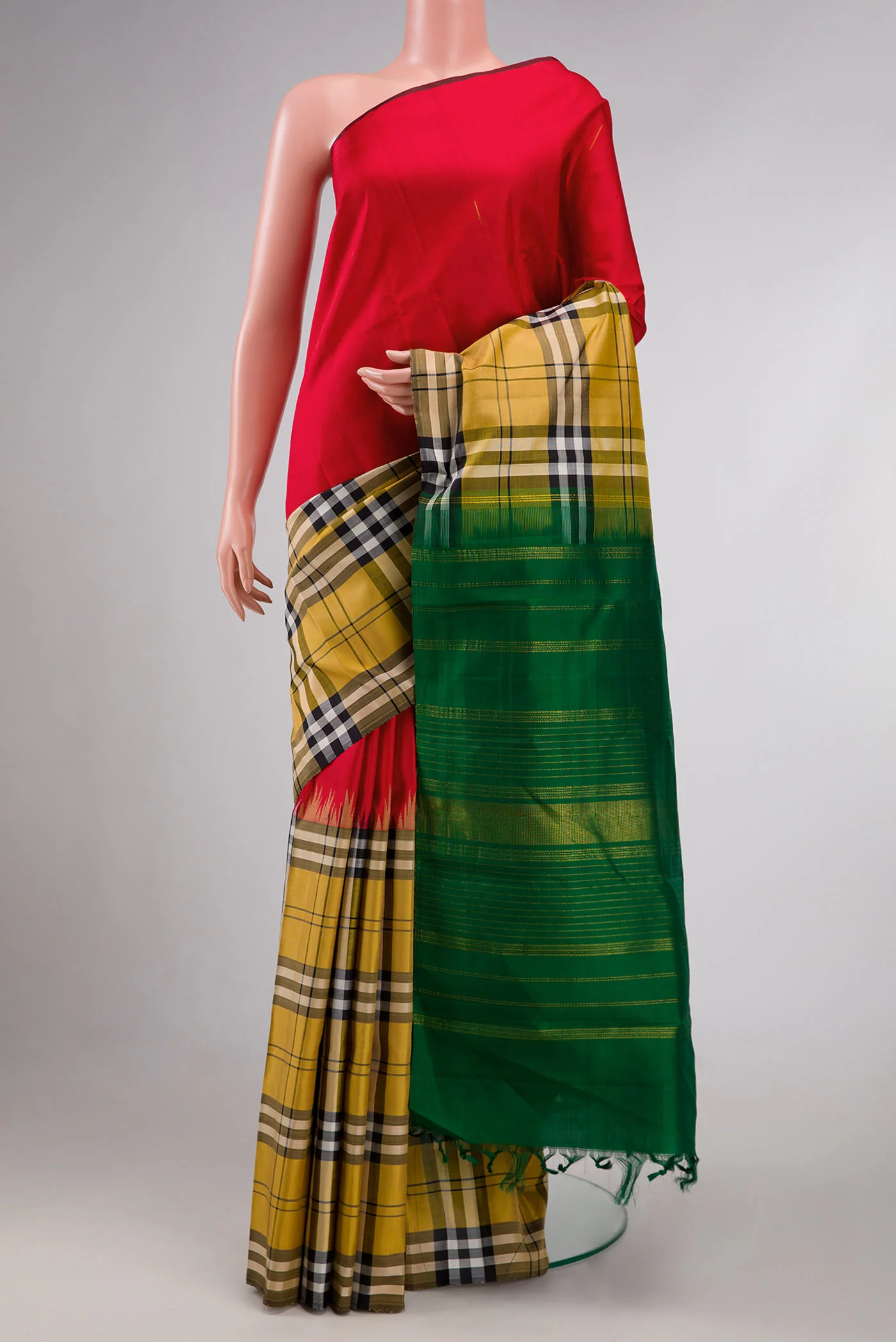 Red and Mustard Color Kanjivaram Silk Saree