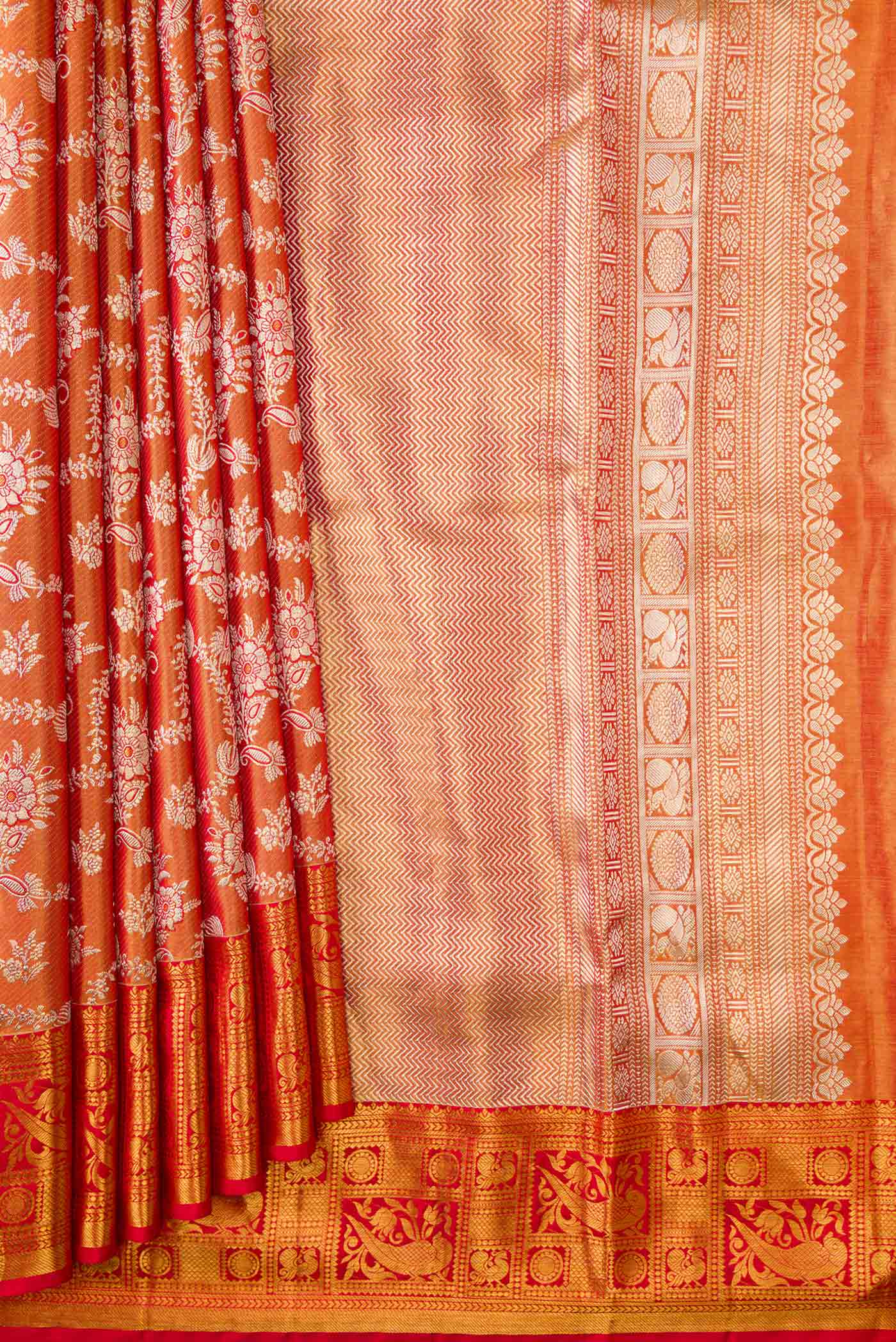 Red Dual Tone Kanjivaram Tissue Silk Saree - Image 4