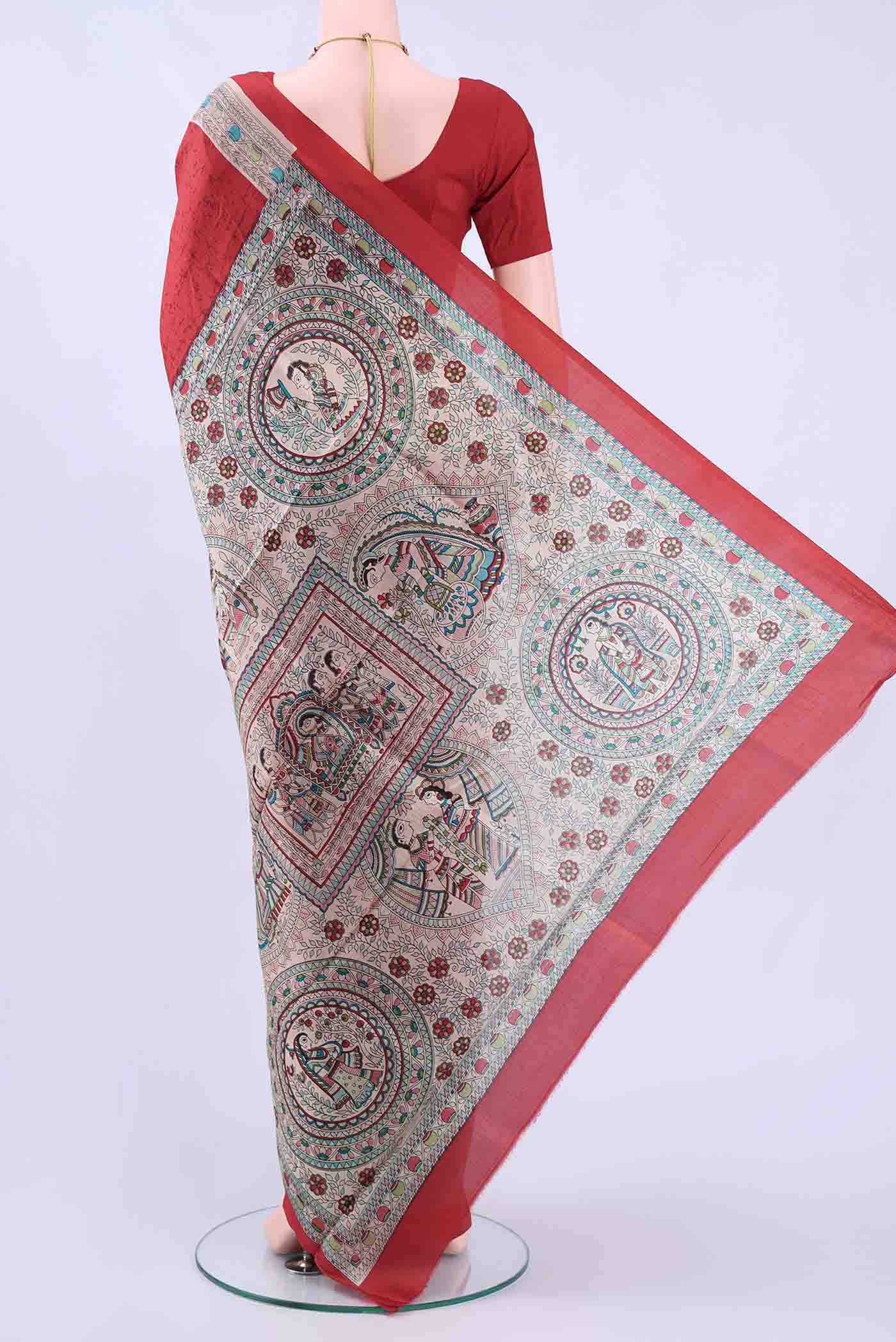Red Printed Silk Saree - Image 3