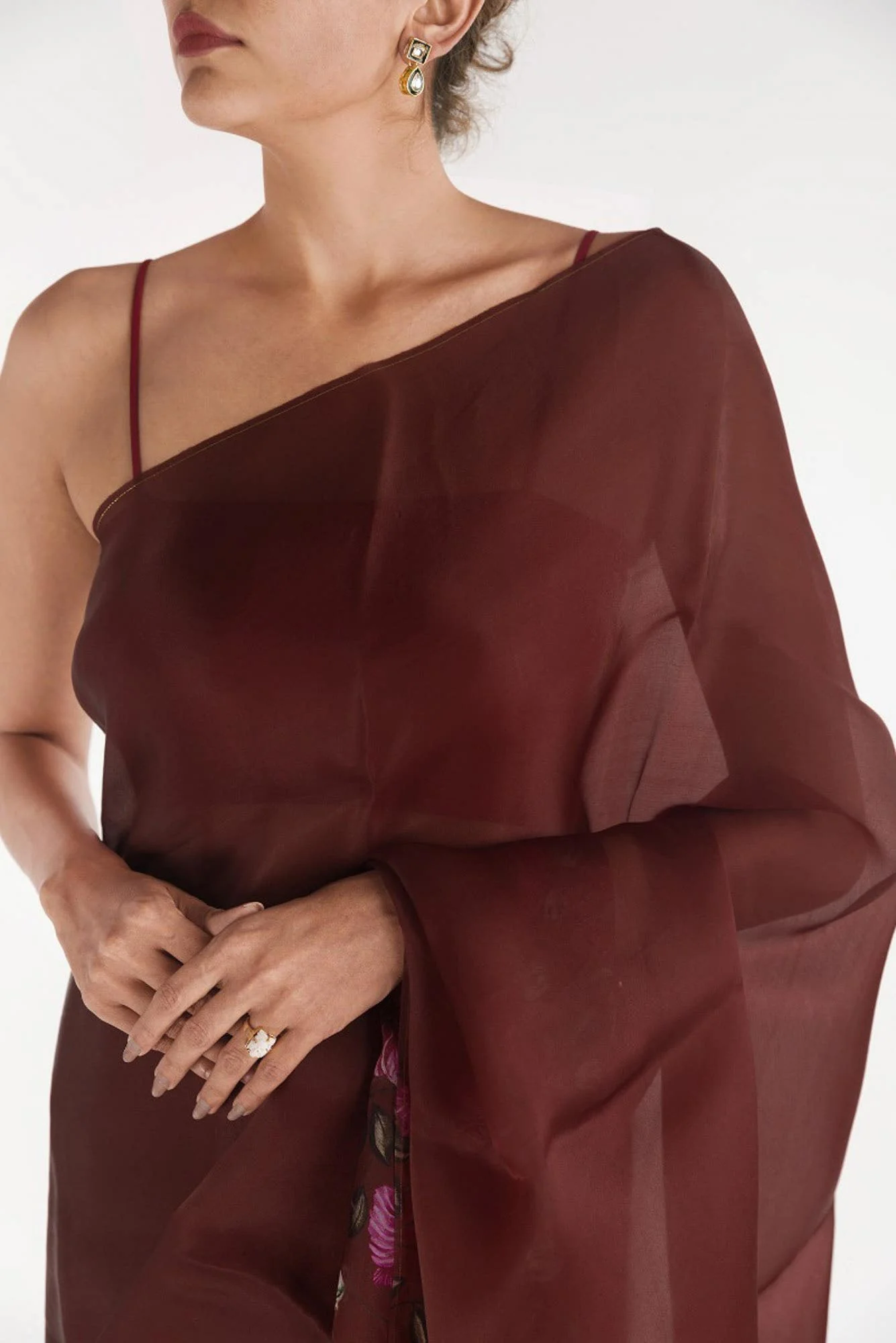 Poppys in Rhythm Red Satin Organza Saree - Image 3
