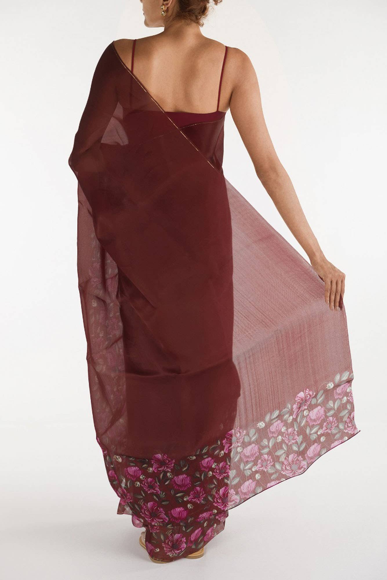 Poppys in Rhythm Red Satin Organza Saree - Image 4