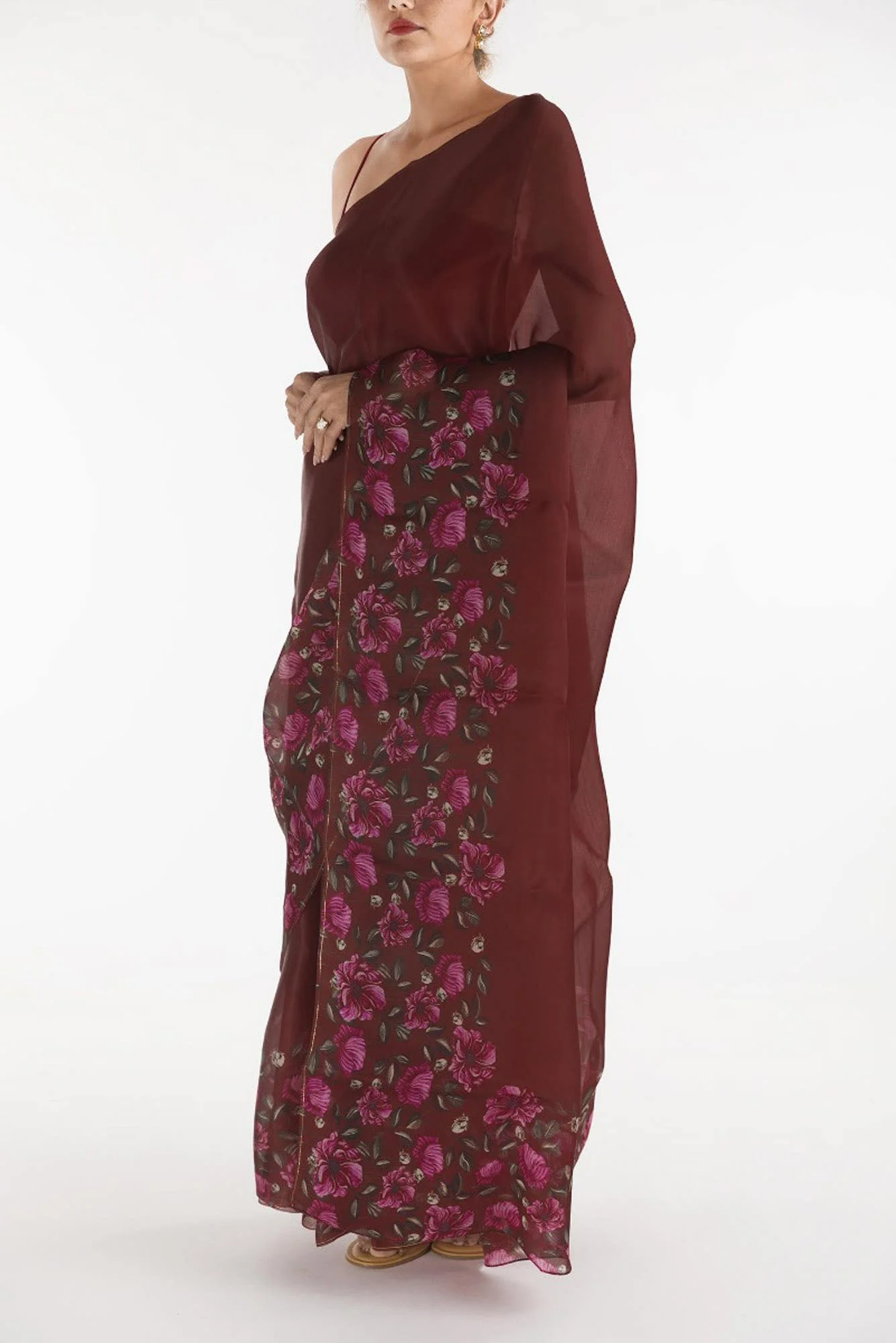Poppys in Rhythm Red Satin Organza Saree - Image 5