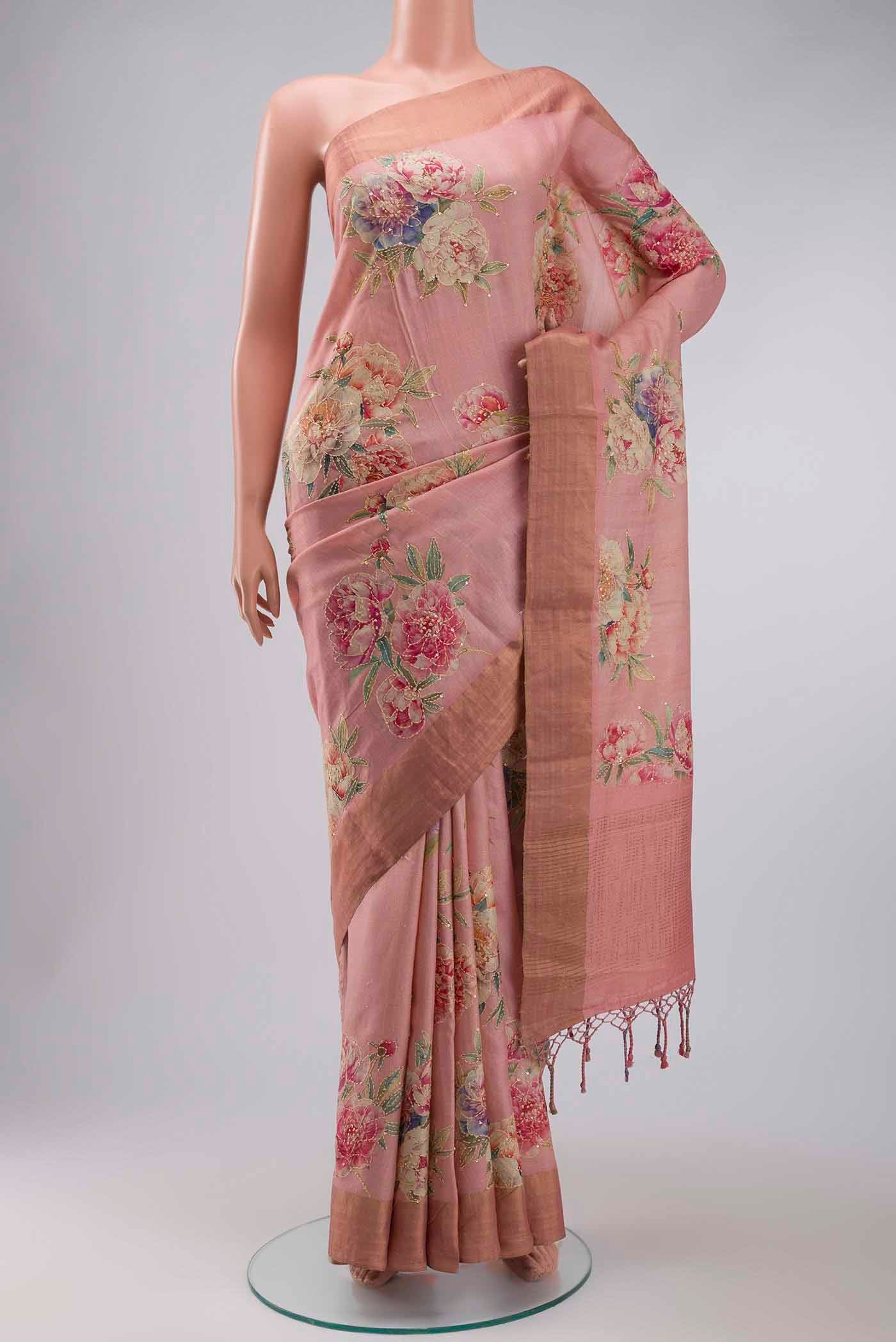 Rose pink Bhagalpuri Tussar Silk Saree
