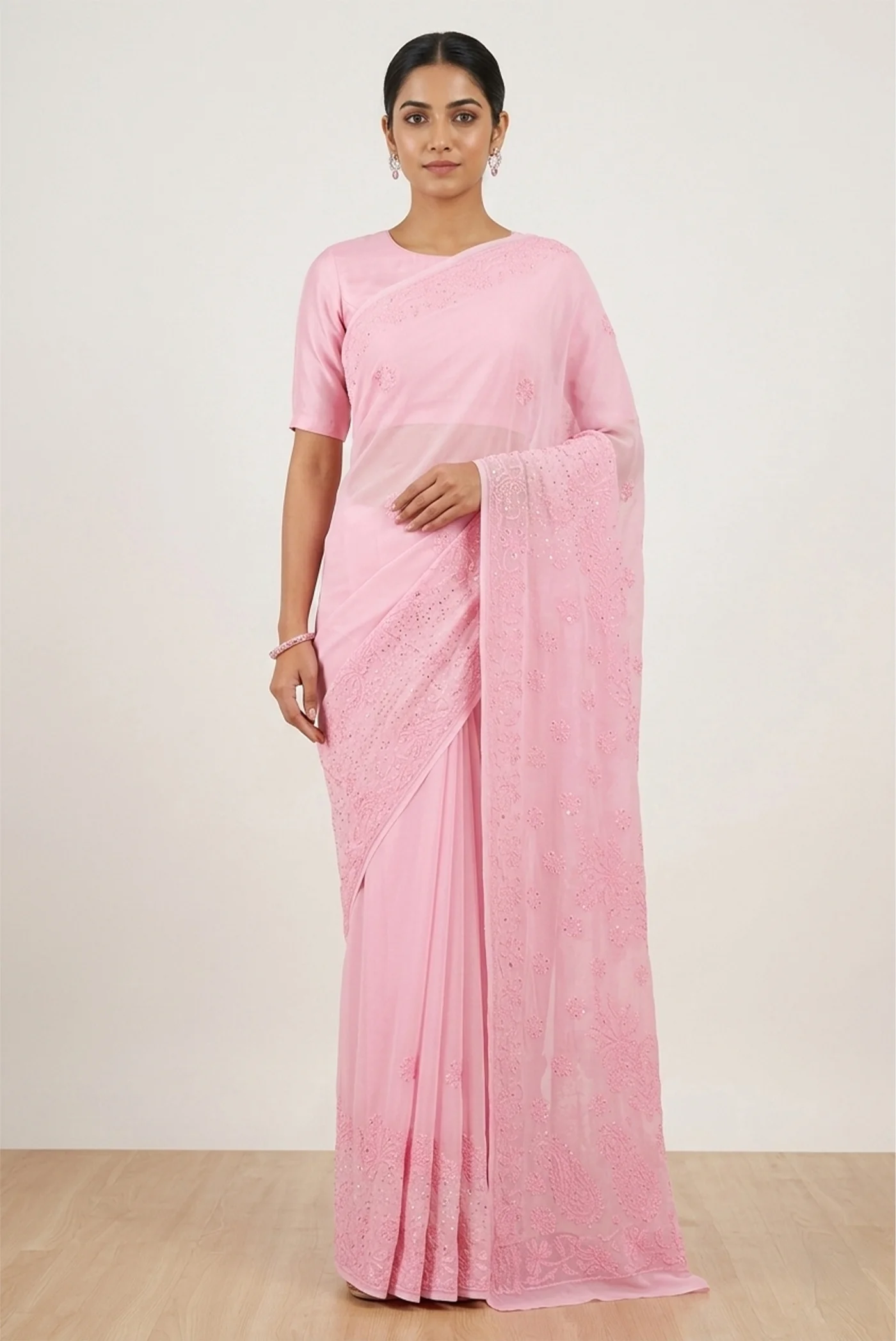 Rose pink Chikankari Georgette Saree