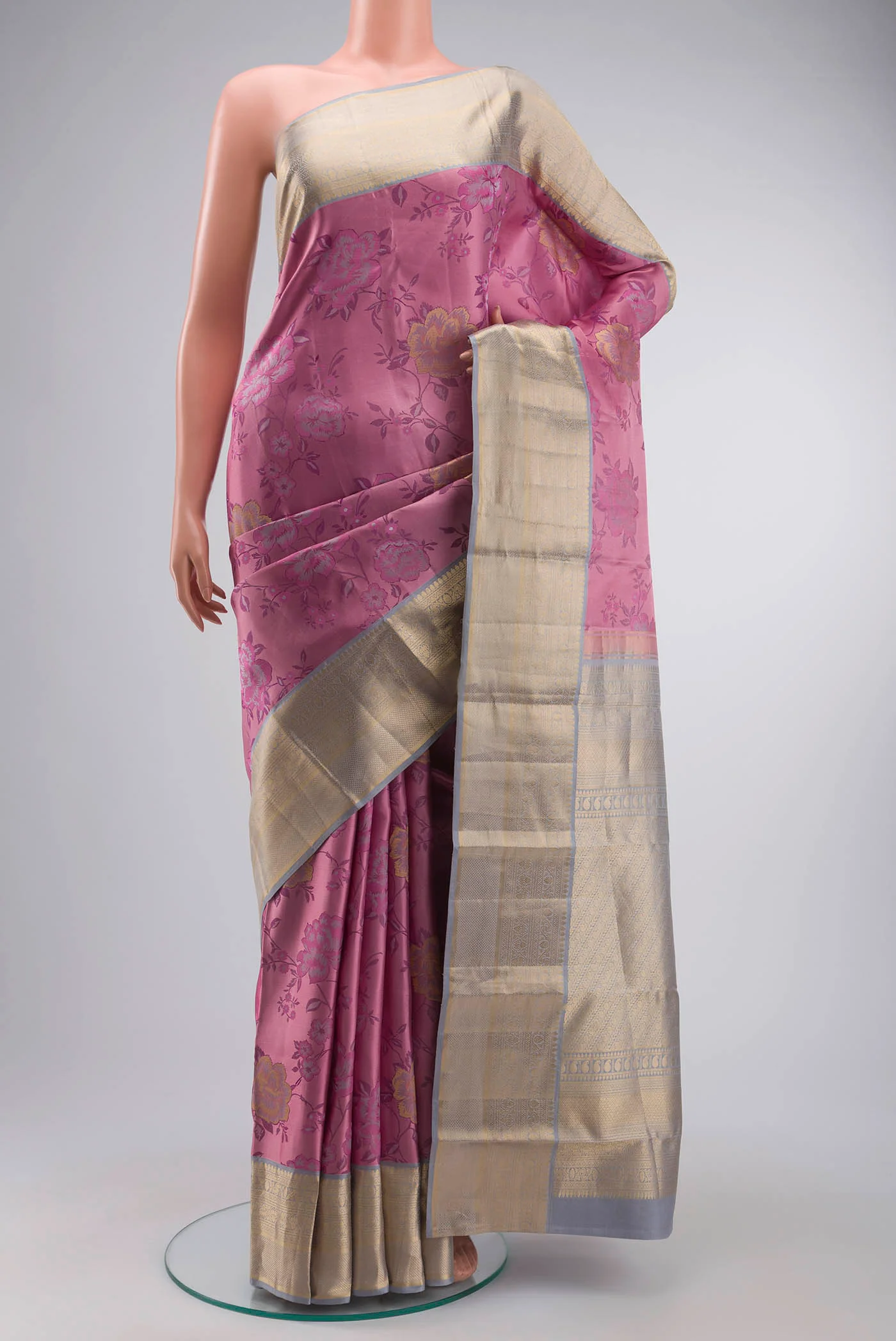 Rose pink Kanchipuram Silk Saree