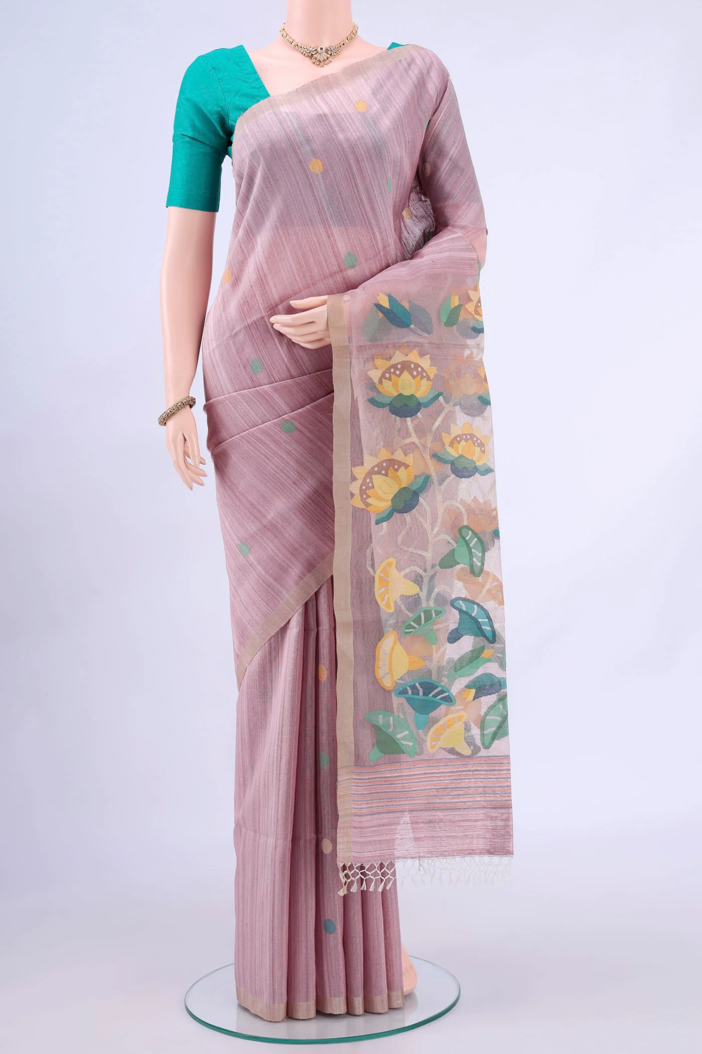 Rose pink Tussar Silk Saree