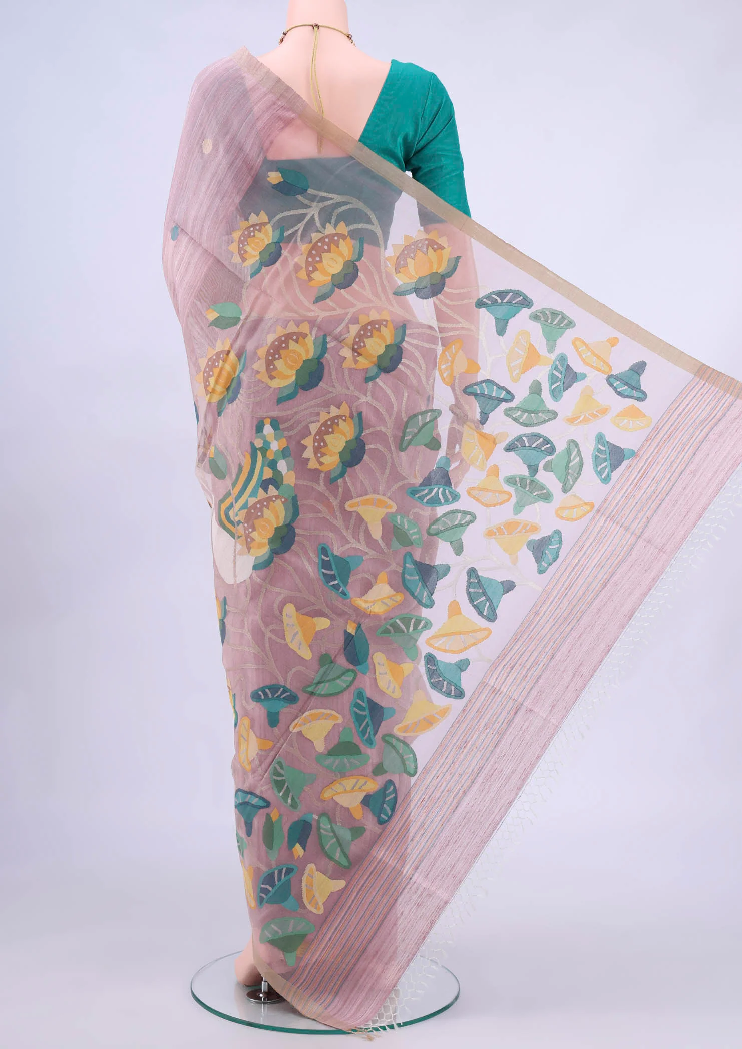 Rose pink Tussar Silk Saree - Image 3