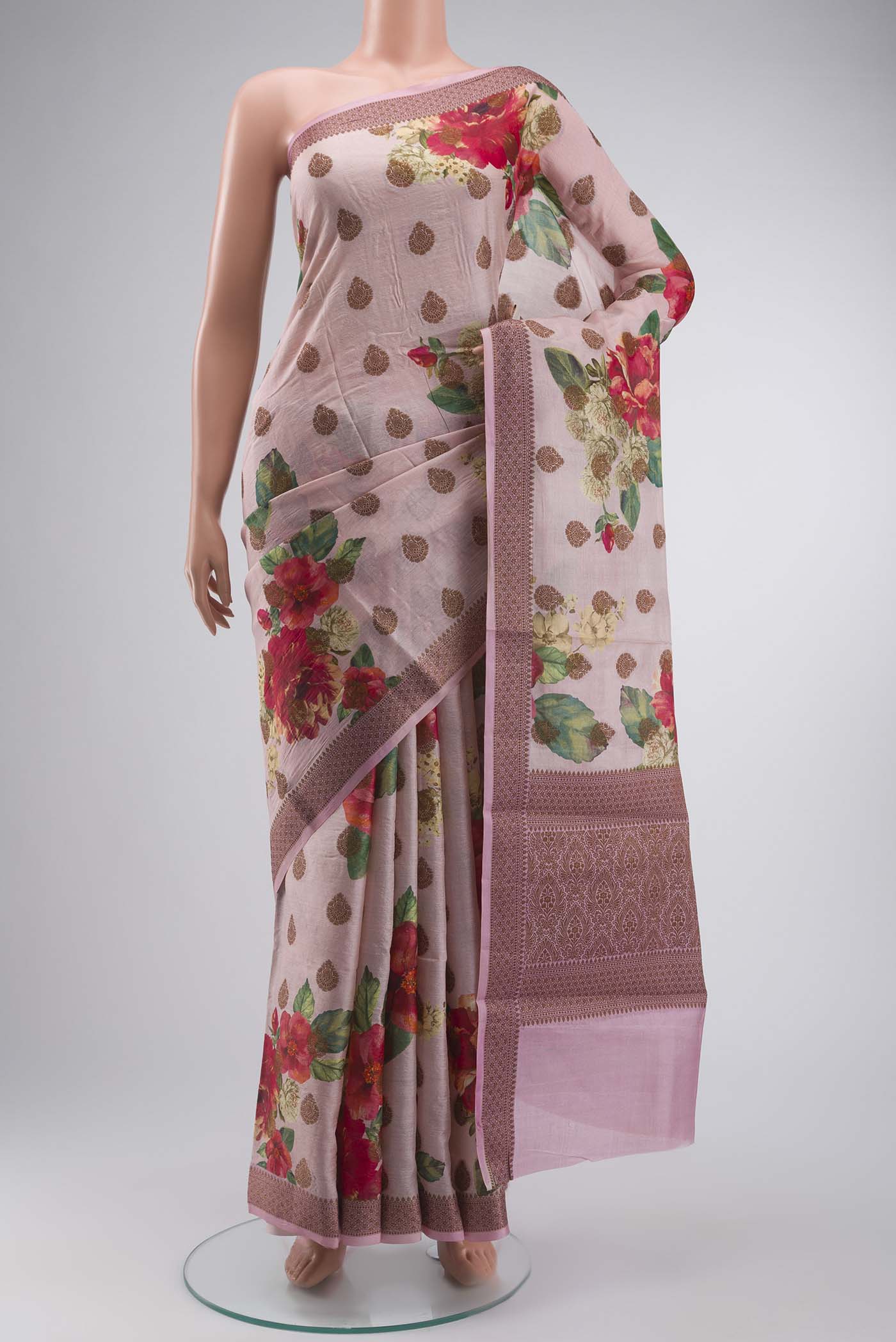 Rose pink Tussar Silk Saree