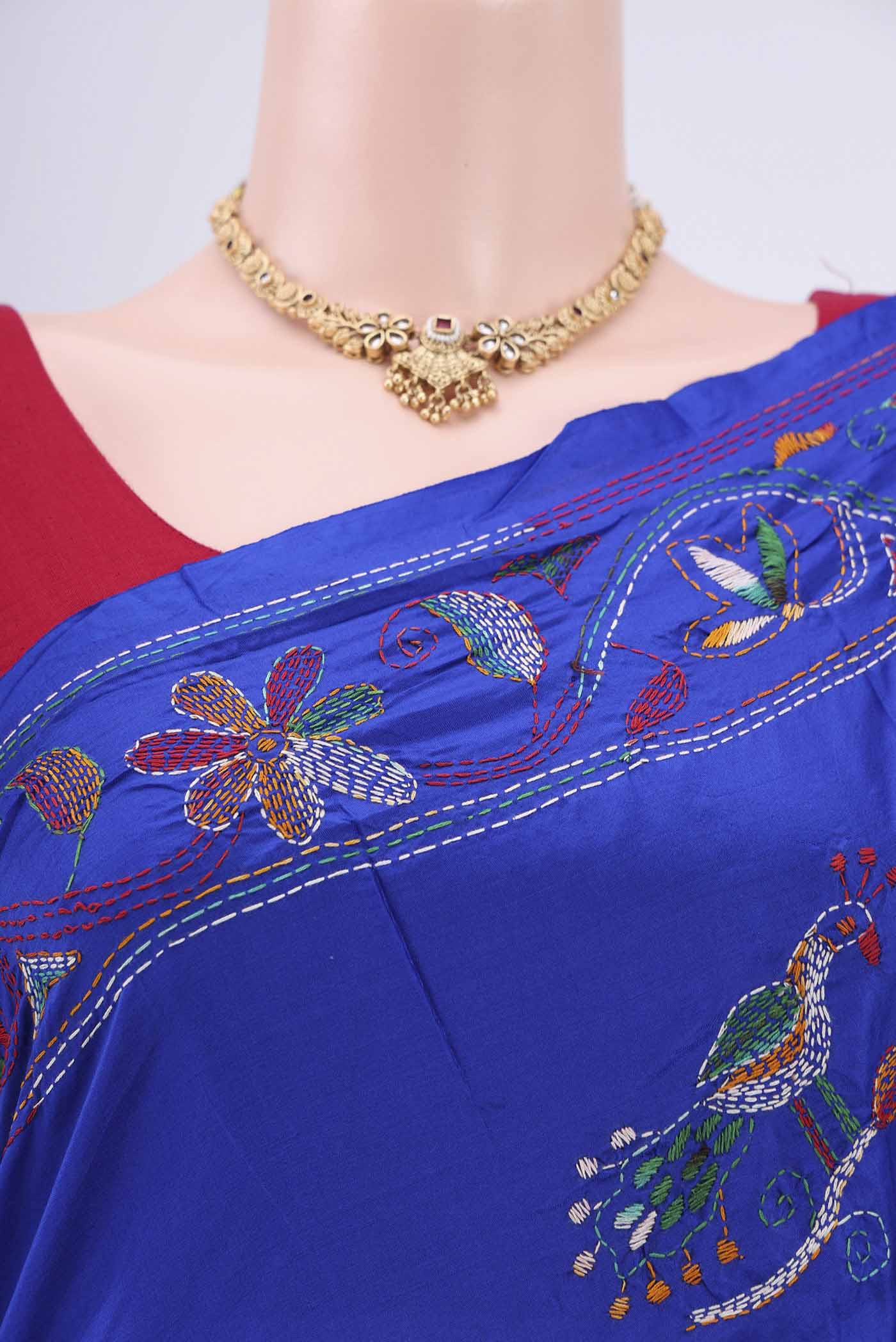 Royal Blue Kantha Silk Saree - Image 2