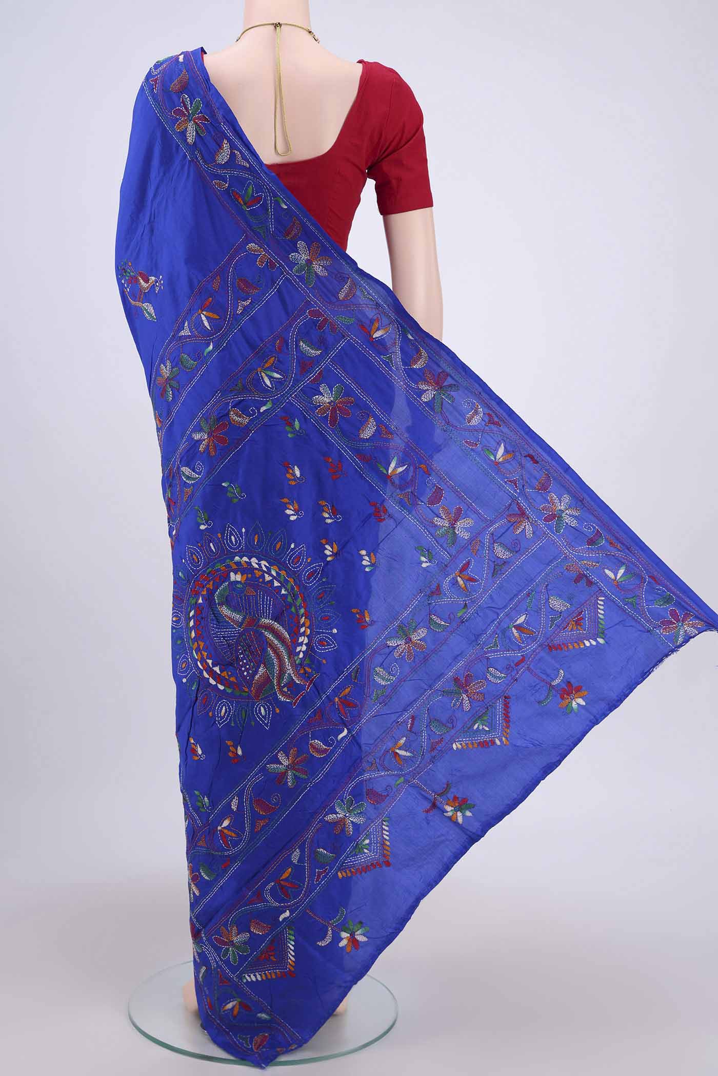 Royal Blue Kantha Silk Saree - Image 3