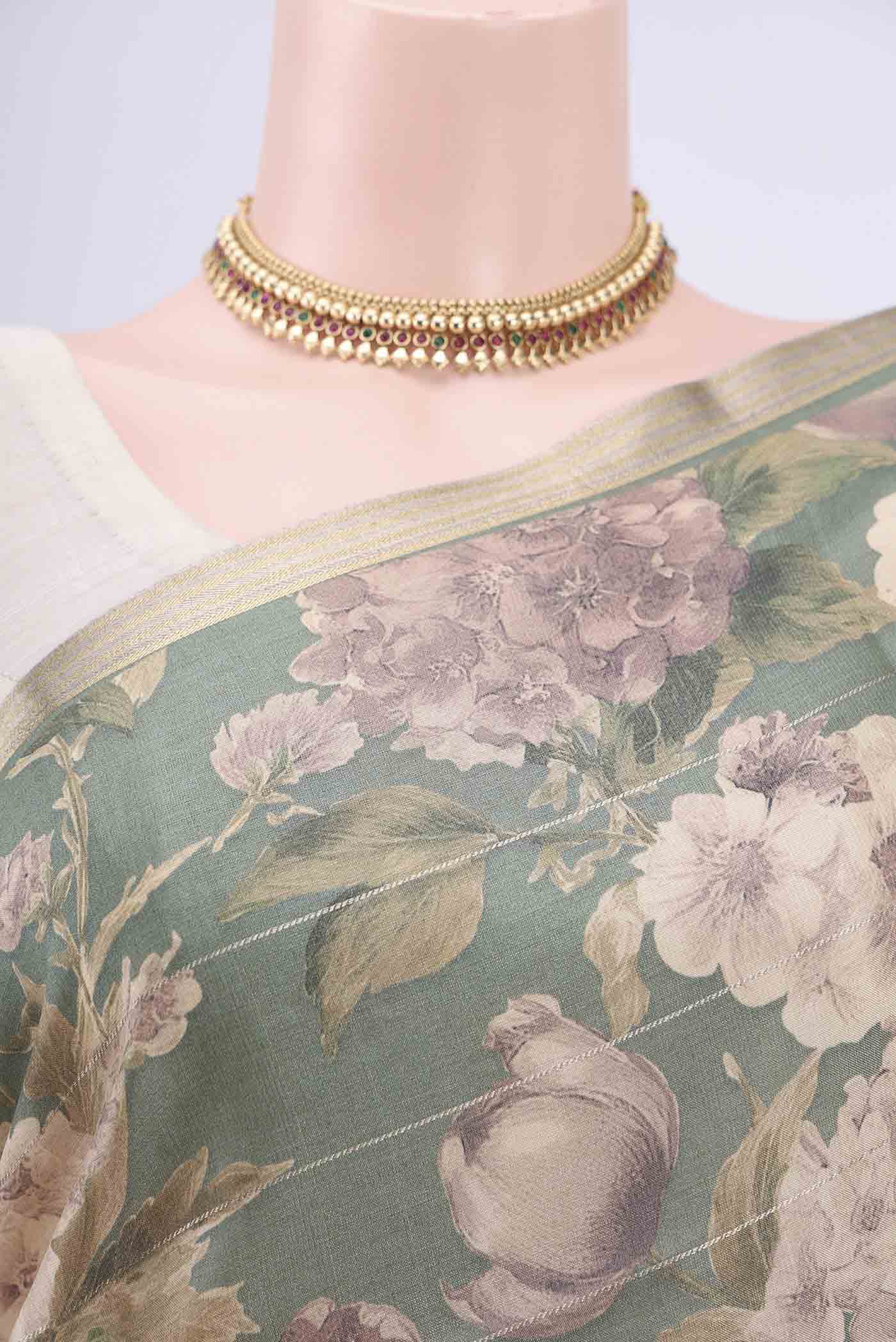Sage Green Tussar Silk Saree - Image 2