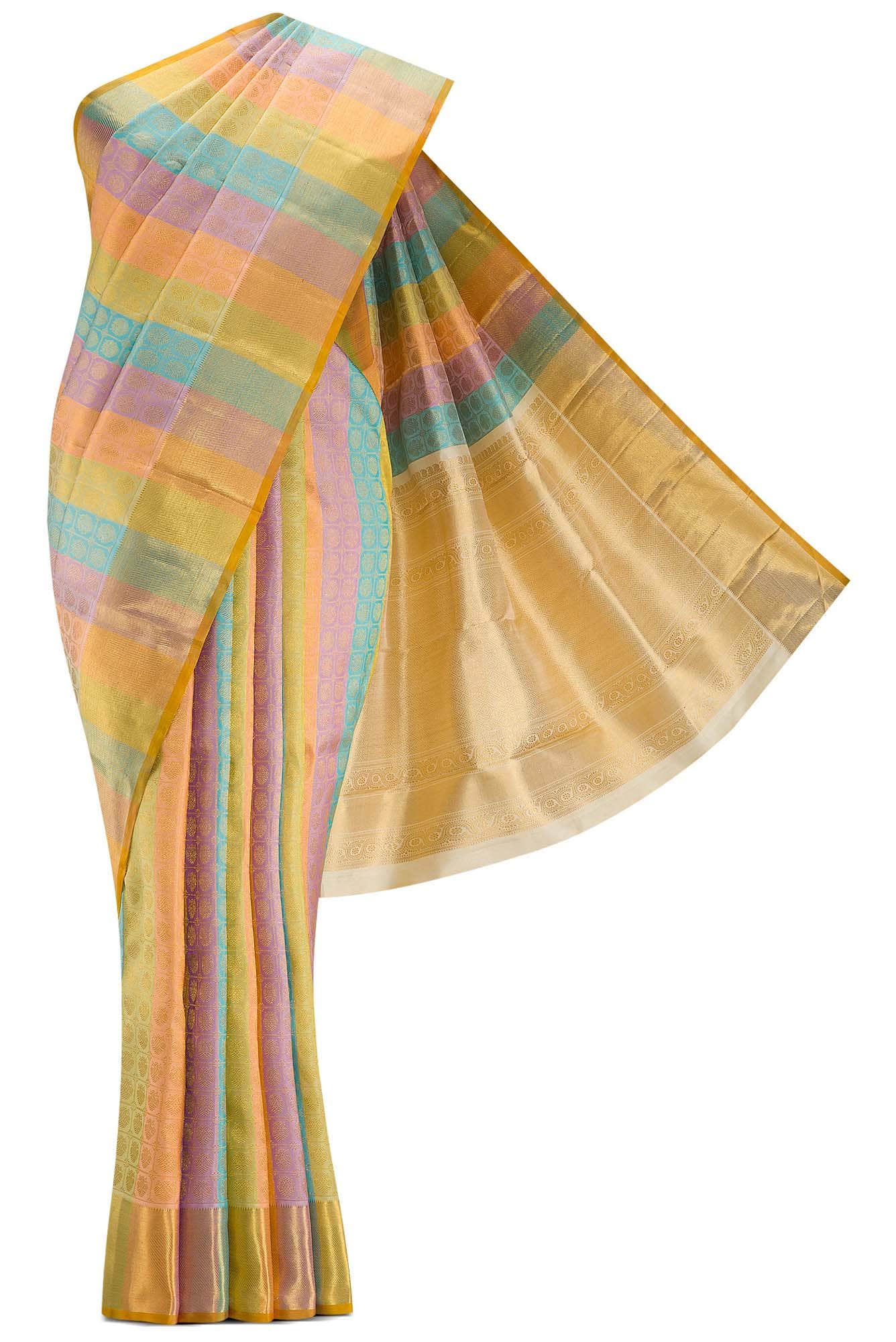 Pure Silk Pure Zari Sandal, Peach, Blue and Pista Green Dual Tone Kanjivaram Saree