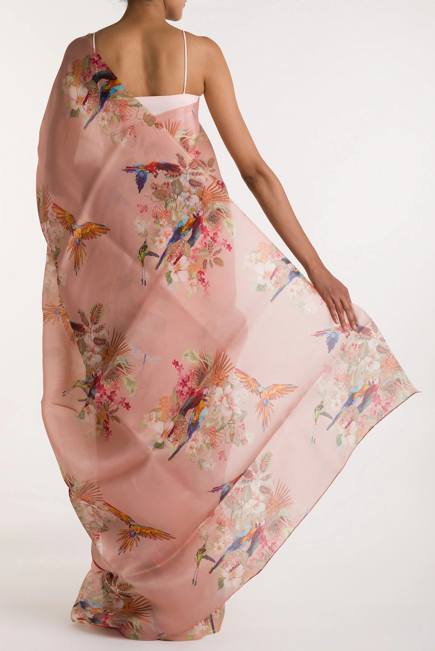 Scarlet Macaws-Peach Satin Organza Saree - Image 3