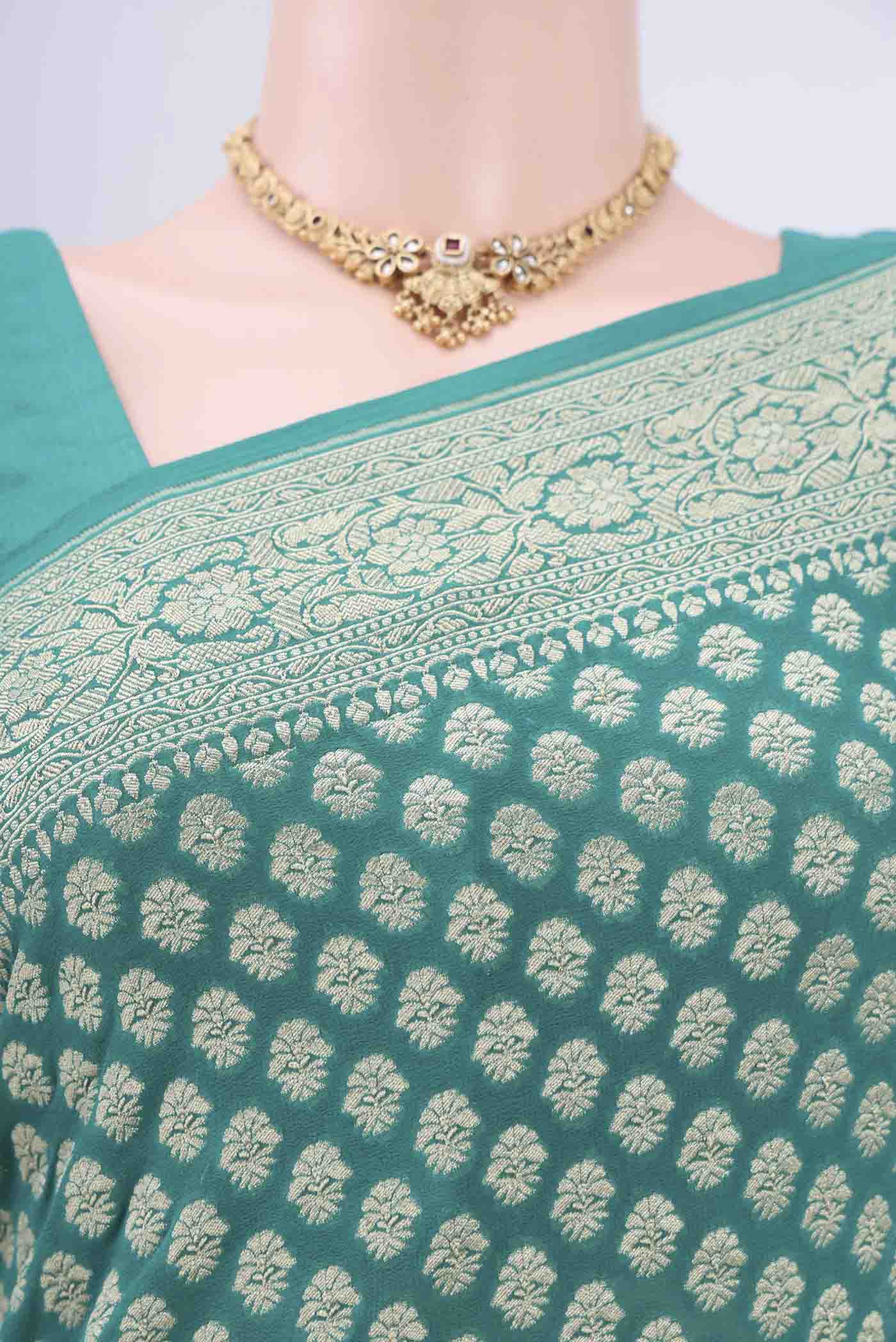 Turquoise Banarasi Georgette Saree - Image 2