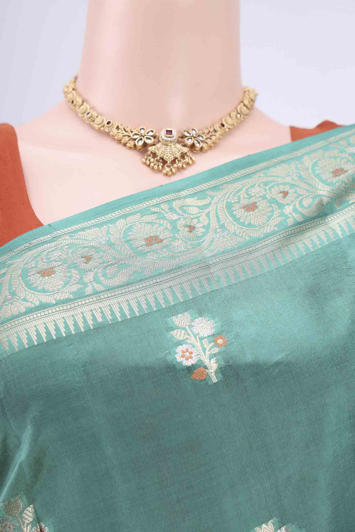 Teal Banarasi Raw Silk Saree - Image 2