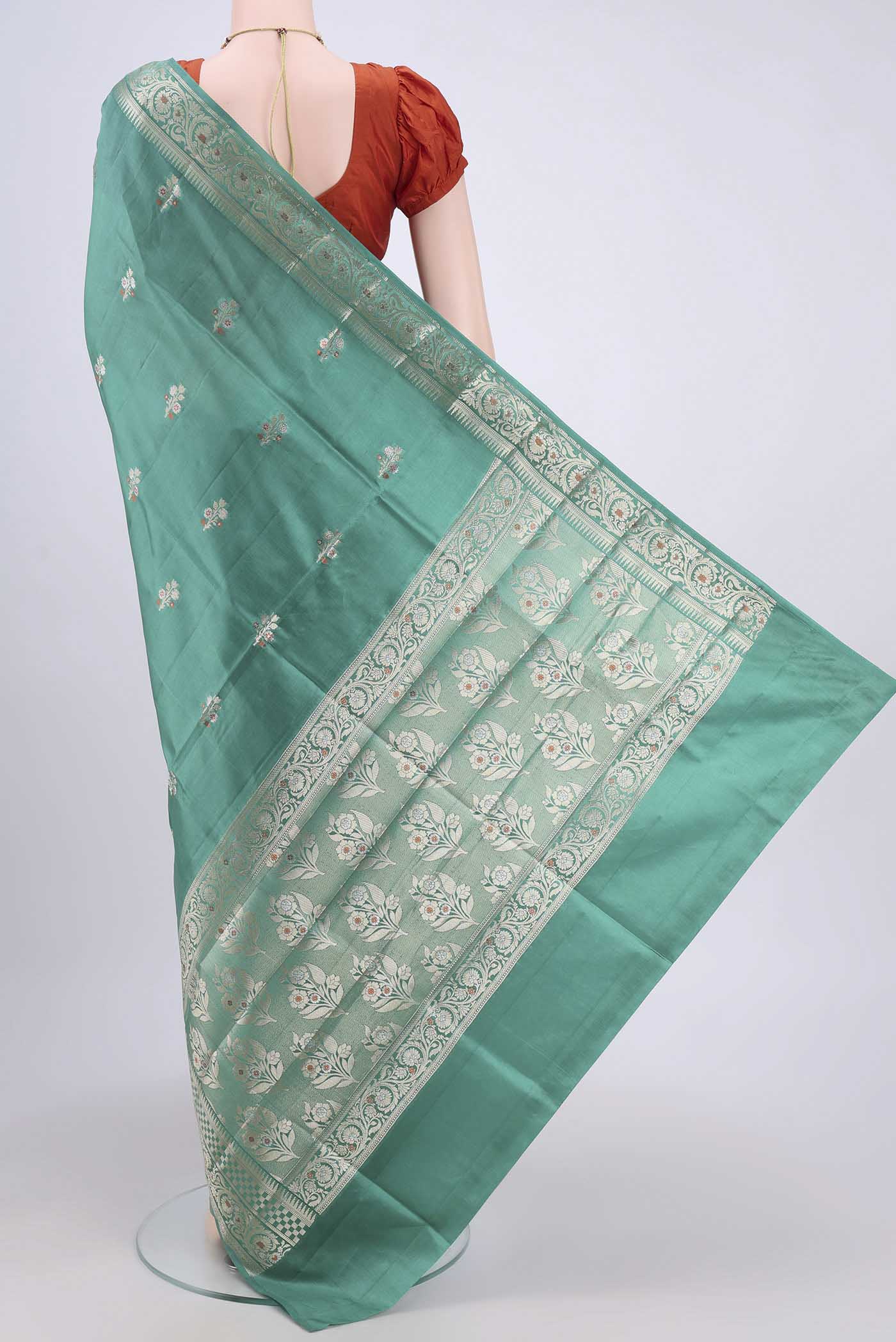 Teal Banarasi Raw Silk Saree - Image 3