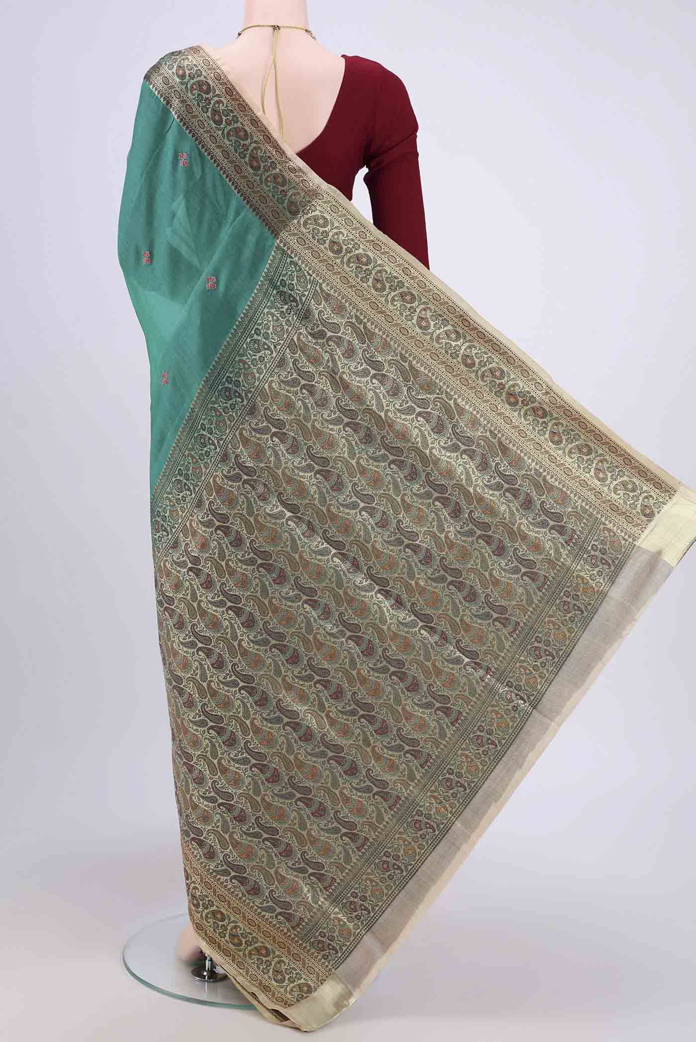 Turquoise Banarasi Tussar Silk Saree - Image 3
