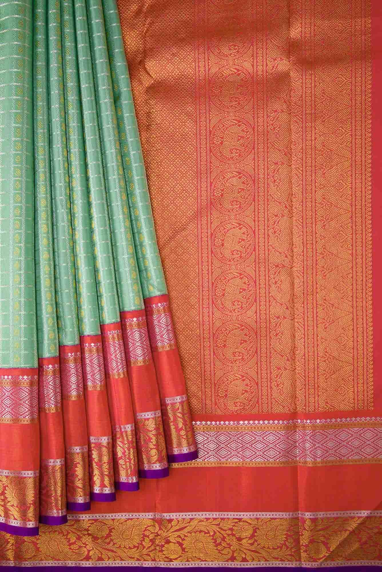 Pure Silk Pure Zari Sea Green Dual Tone Kanjivaram Saree - Image 2