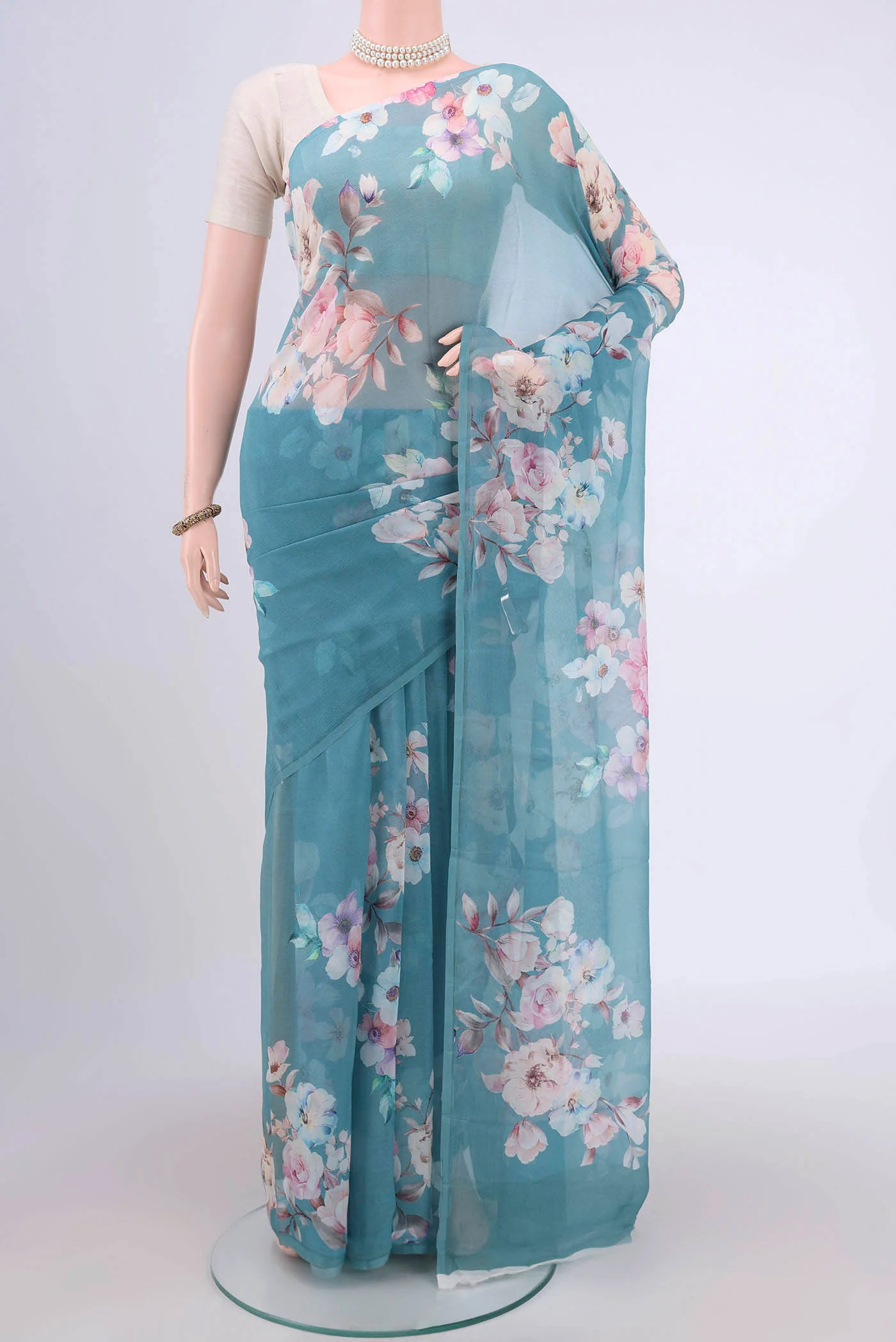 Blue Grey Mysore Chiffon Saree