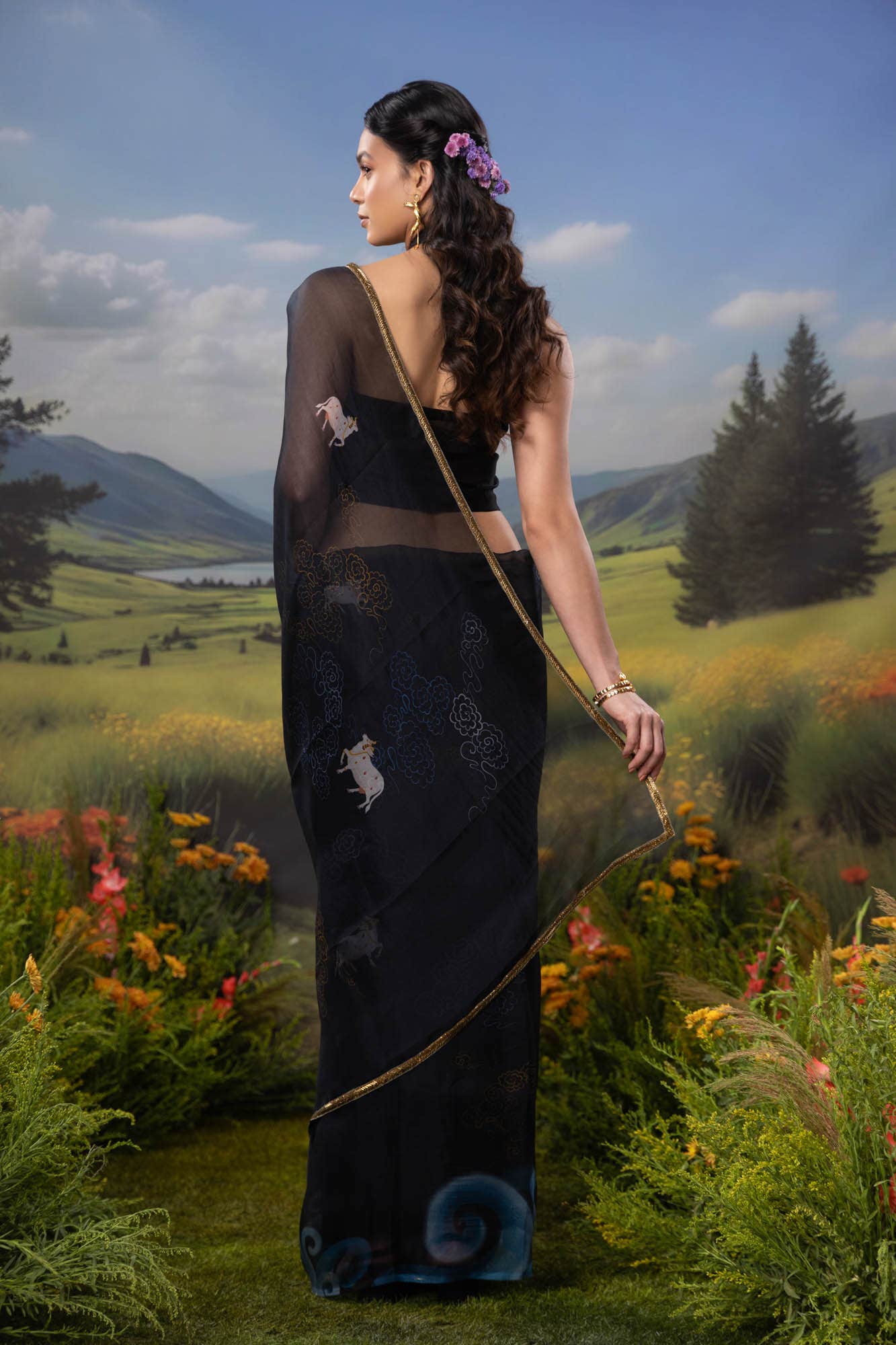 Sea of Tranquility-Dark Blue Pure Organza Silk Saree - Image 5