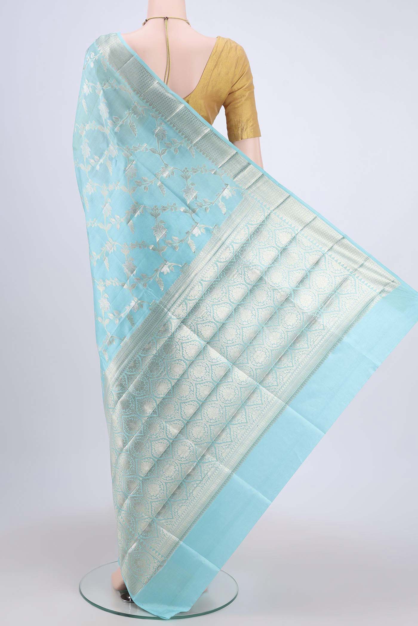 Sky Blue Banarasi Raw Silk Saree - Image 3