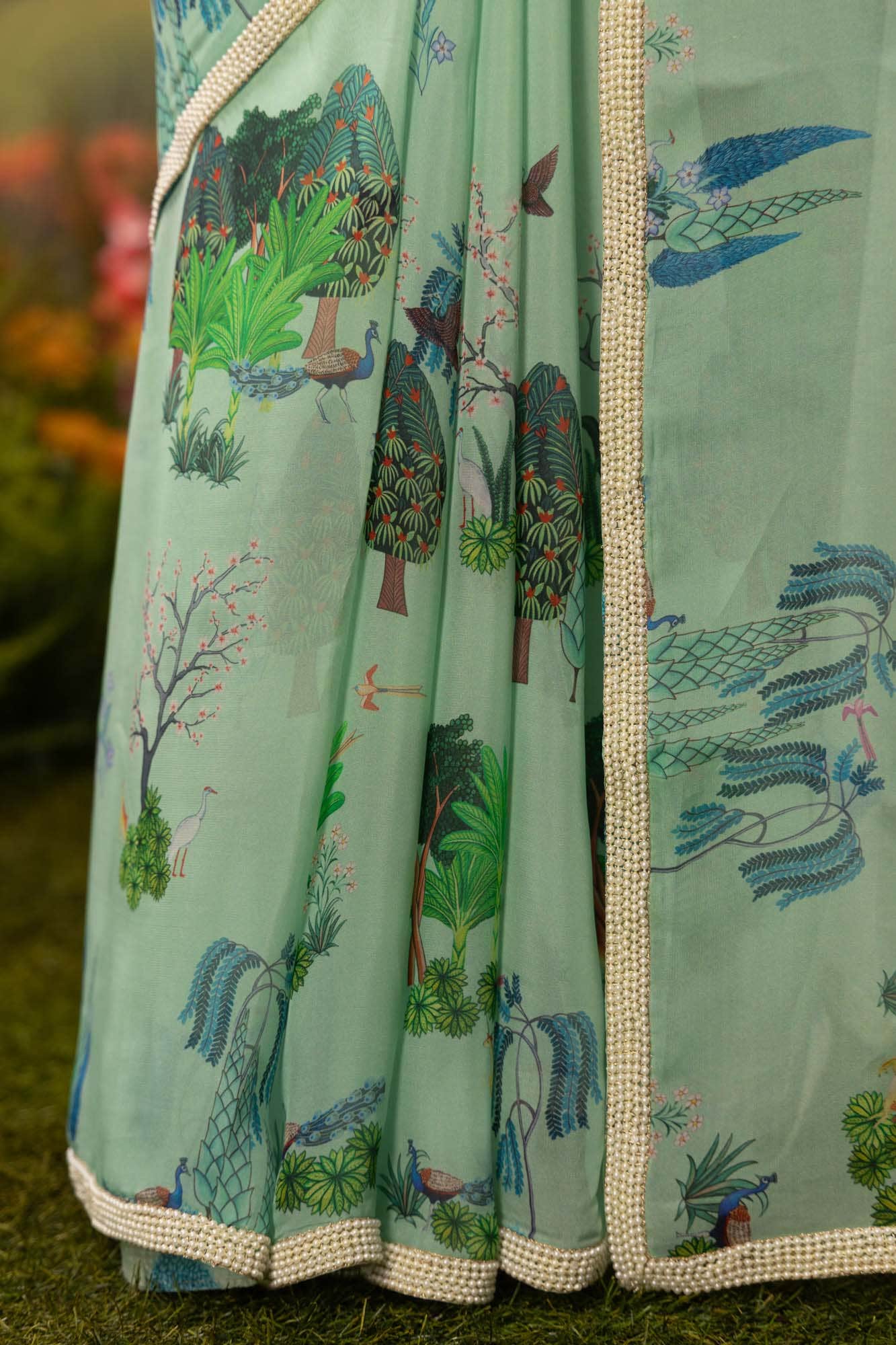 Tale of the Woods-Sea Green Organza Silk Saree - Image 4