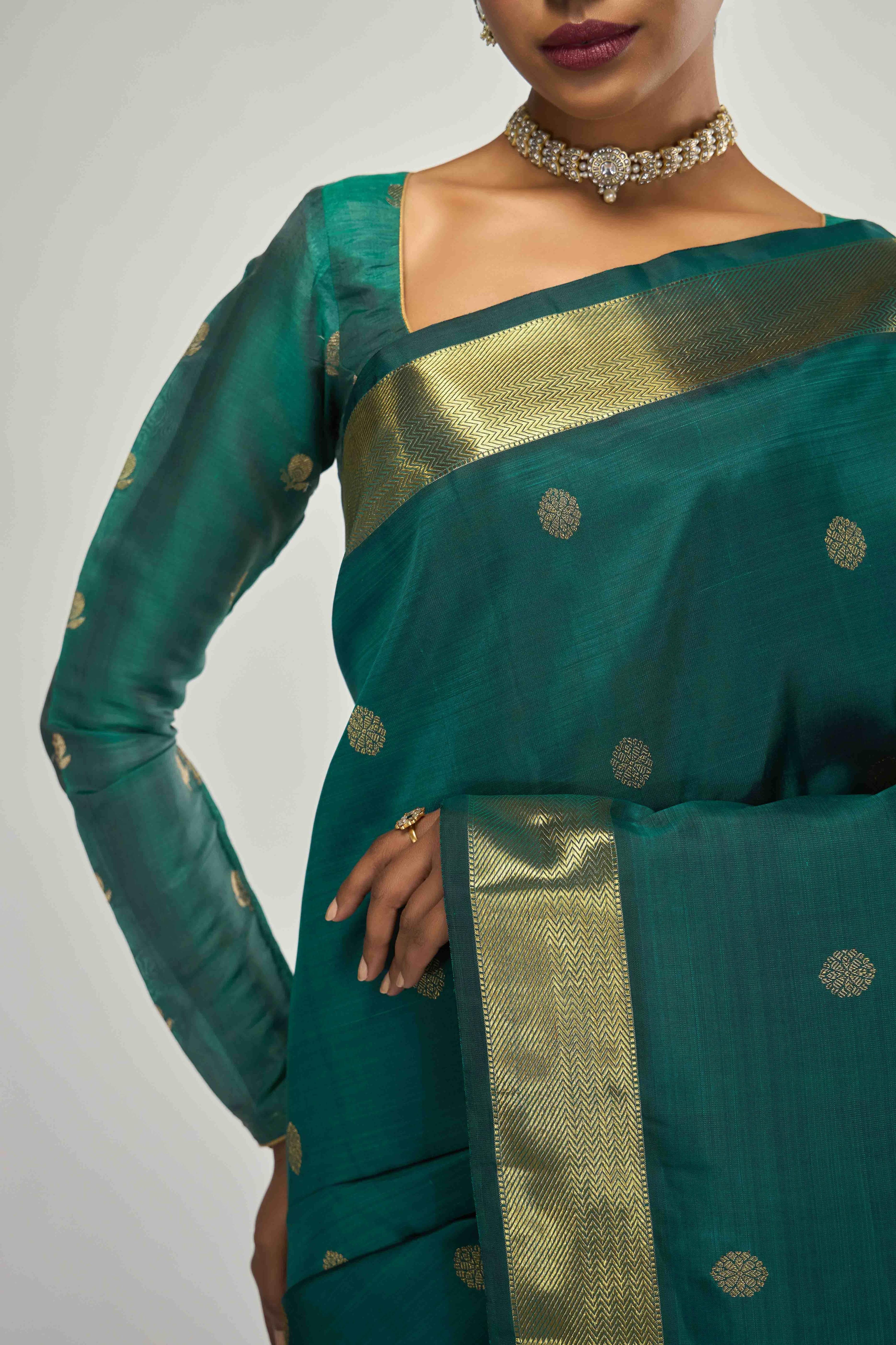 Thiruvakshi-Pure Silk Pure Gold Zari Green Kanchipuram Saree - Image 2