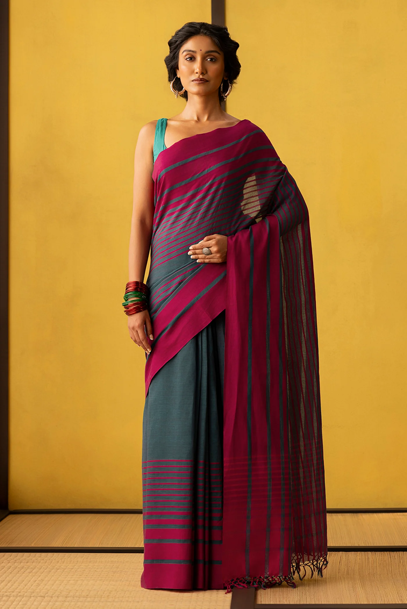 Titli-Dark Teal Cotton Saree - Image 2