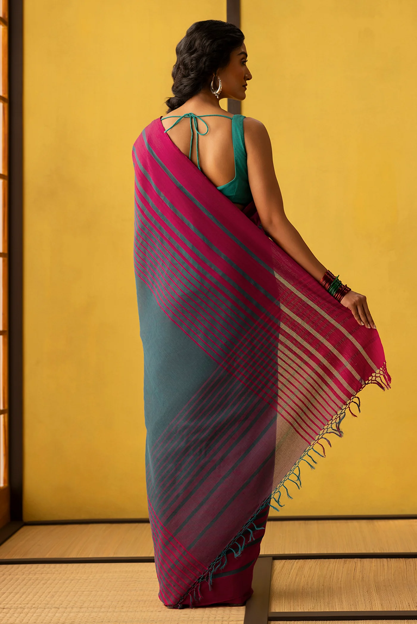 Titli-Dark Teal Cotton Saree - Image 6
