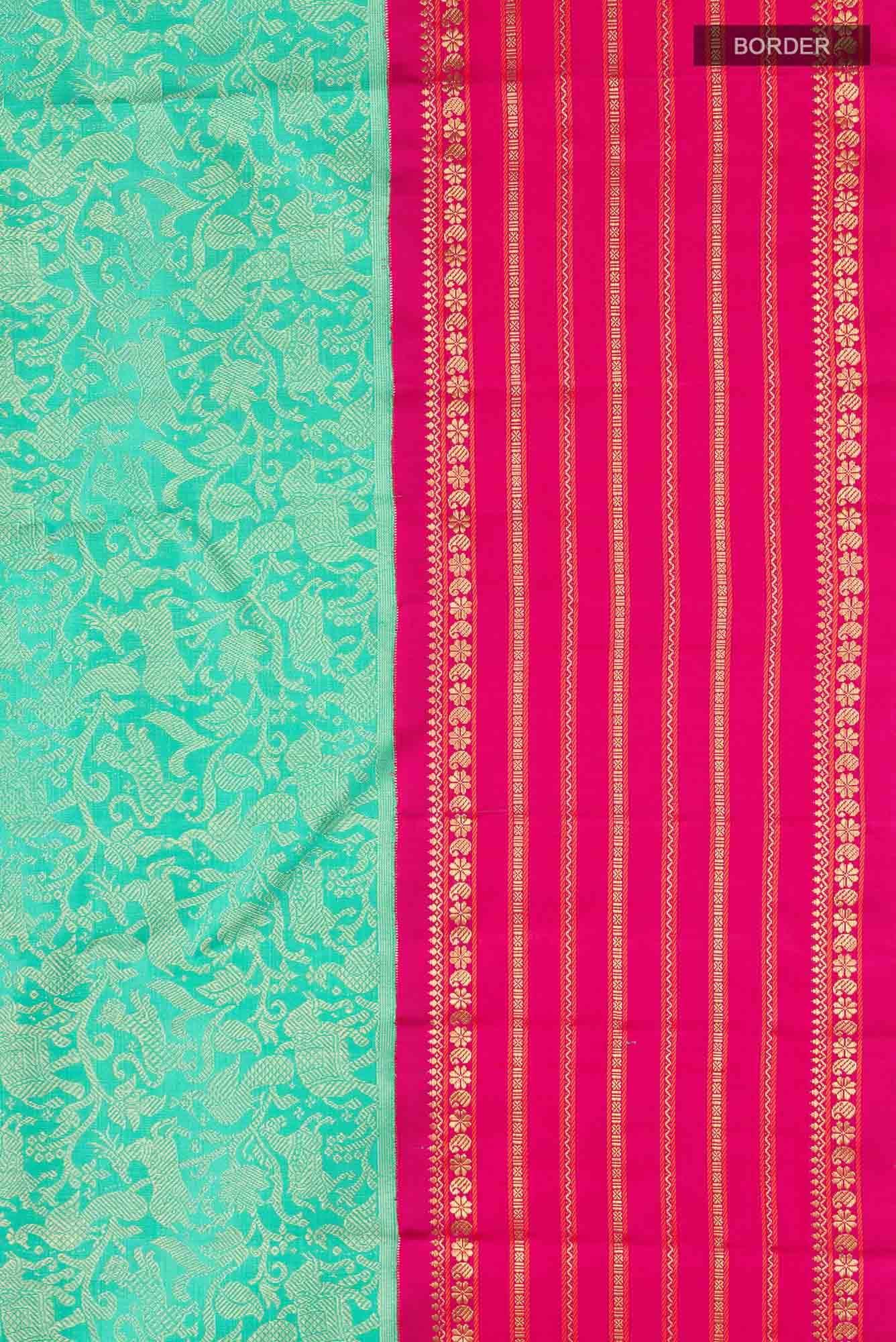 Pure Silk Pure Zari Turquoise Kanjivaram Saree - Image 5
