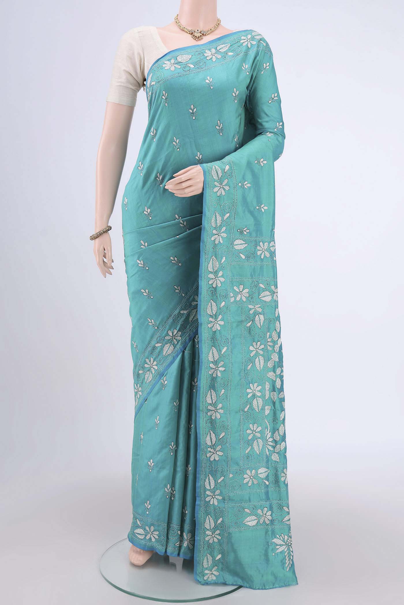 Turquoise Kantha Silk Saree