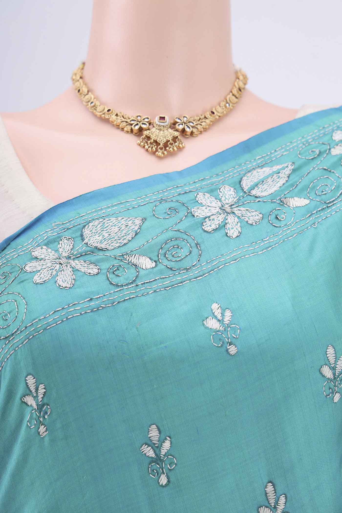 Turquoise Kantha Silk Saree - Image 2