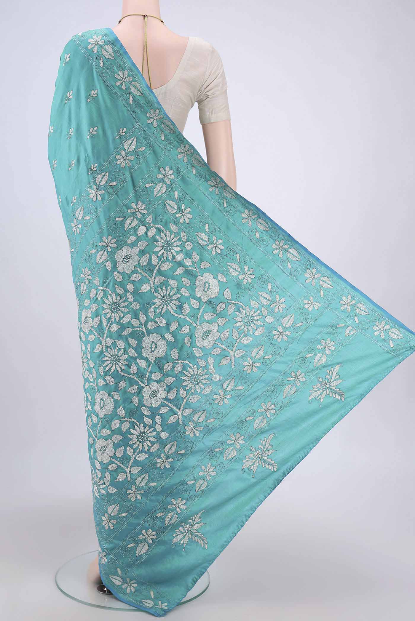 Turquoise Kantha Silk Saree - Image 3
