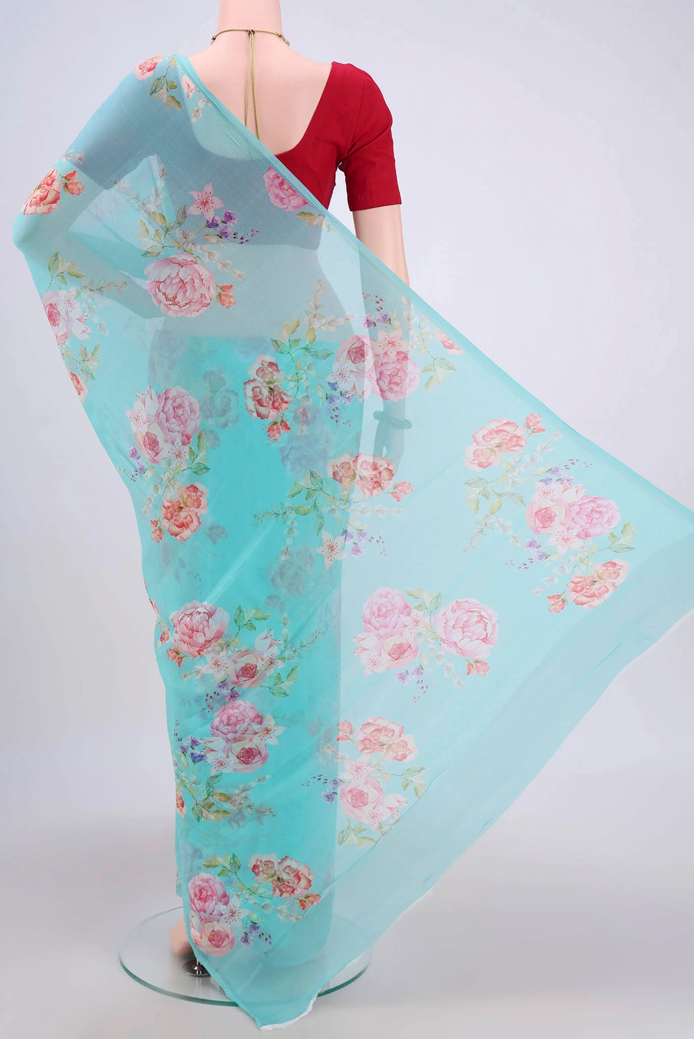 Turquoise Mysore Chiffon Saree - Image 3