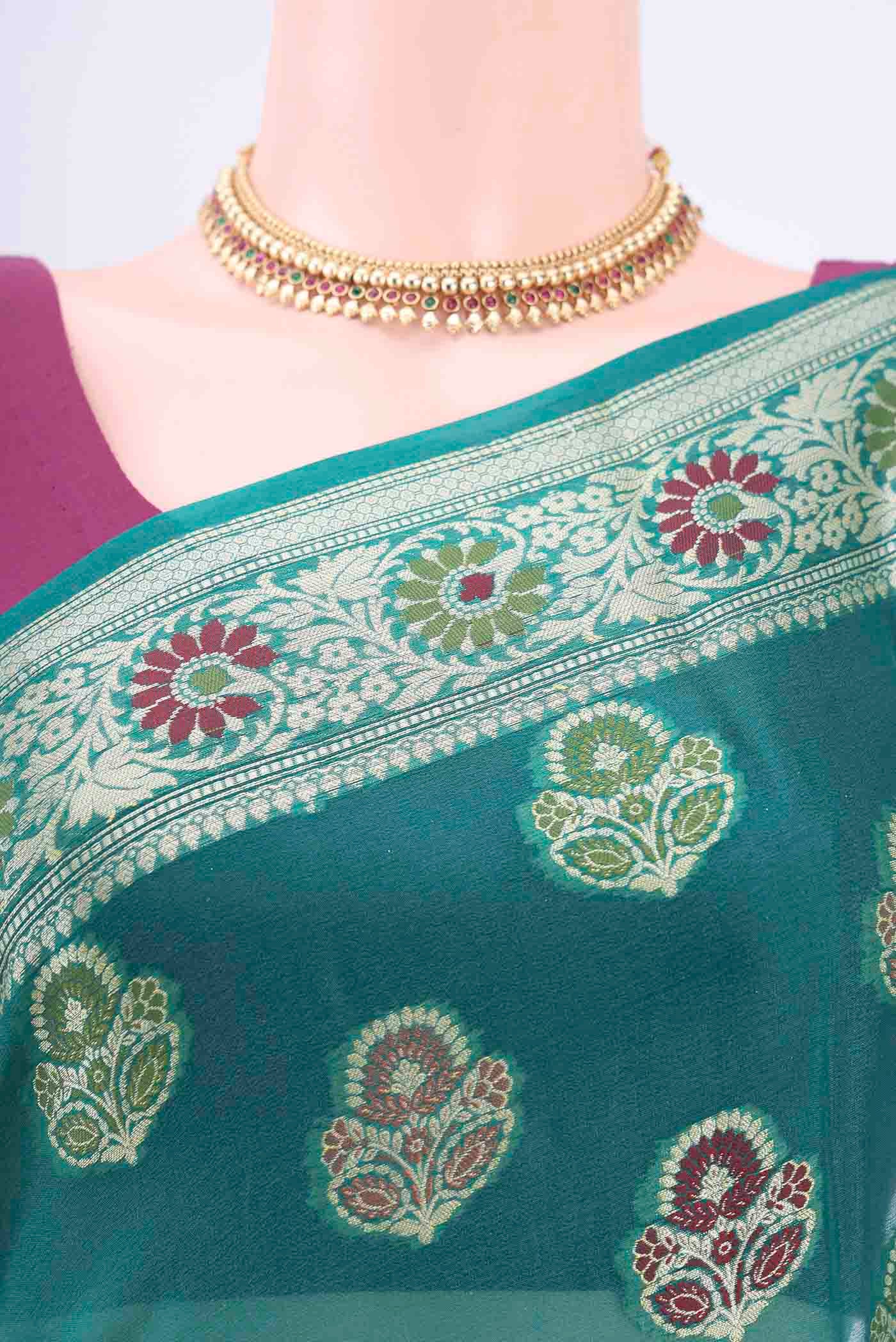 Turquoise Banarasi Georgette Saree - Image 2