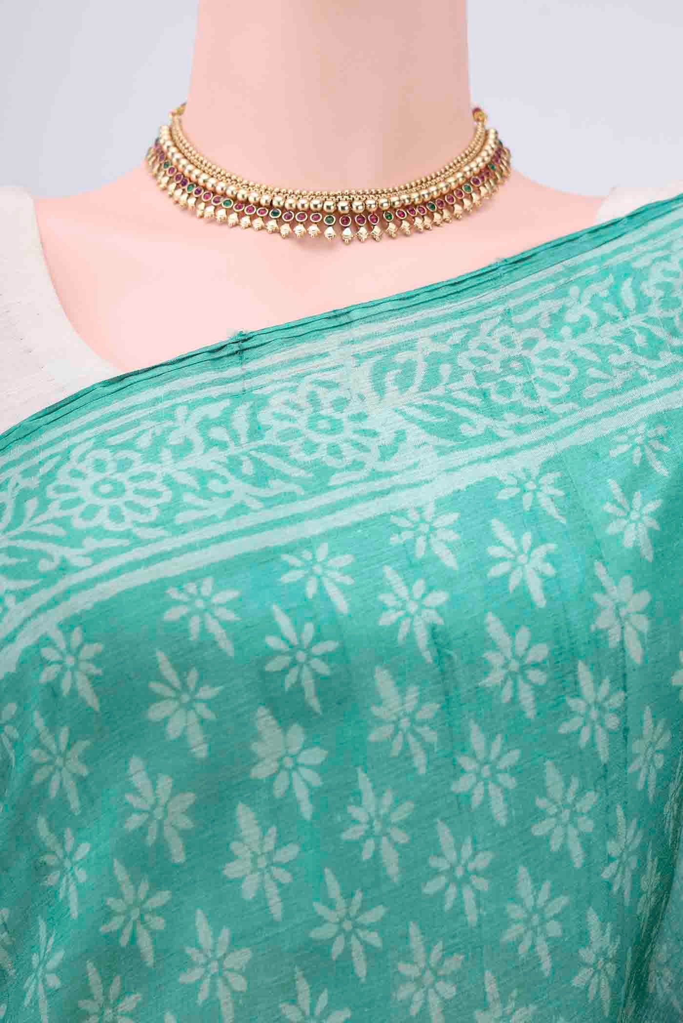 Turquoise Tussar Silk Saree - Image 2