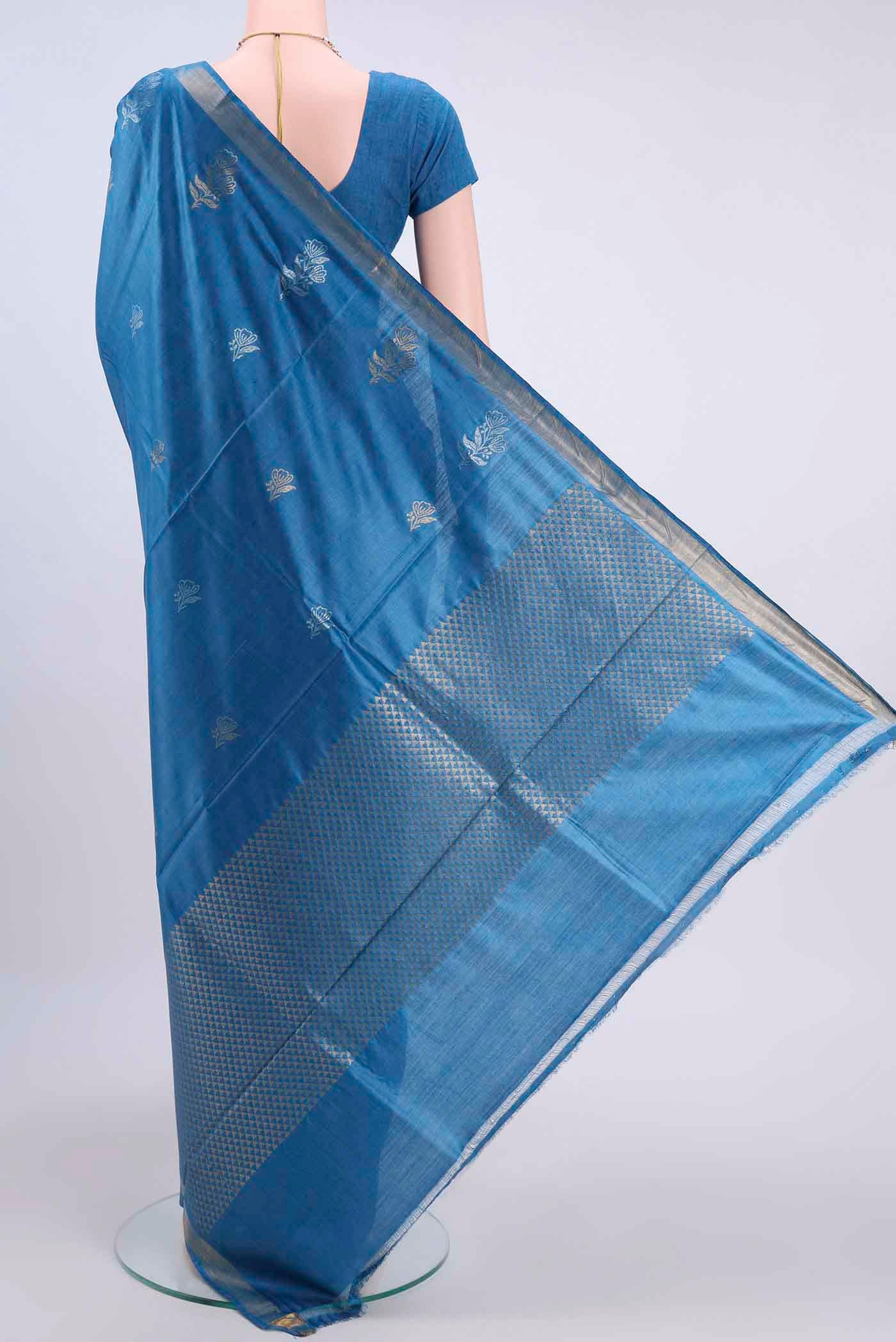 Royal Blue Tussar Silk Saree - Image 3