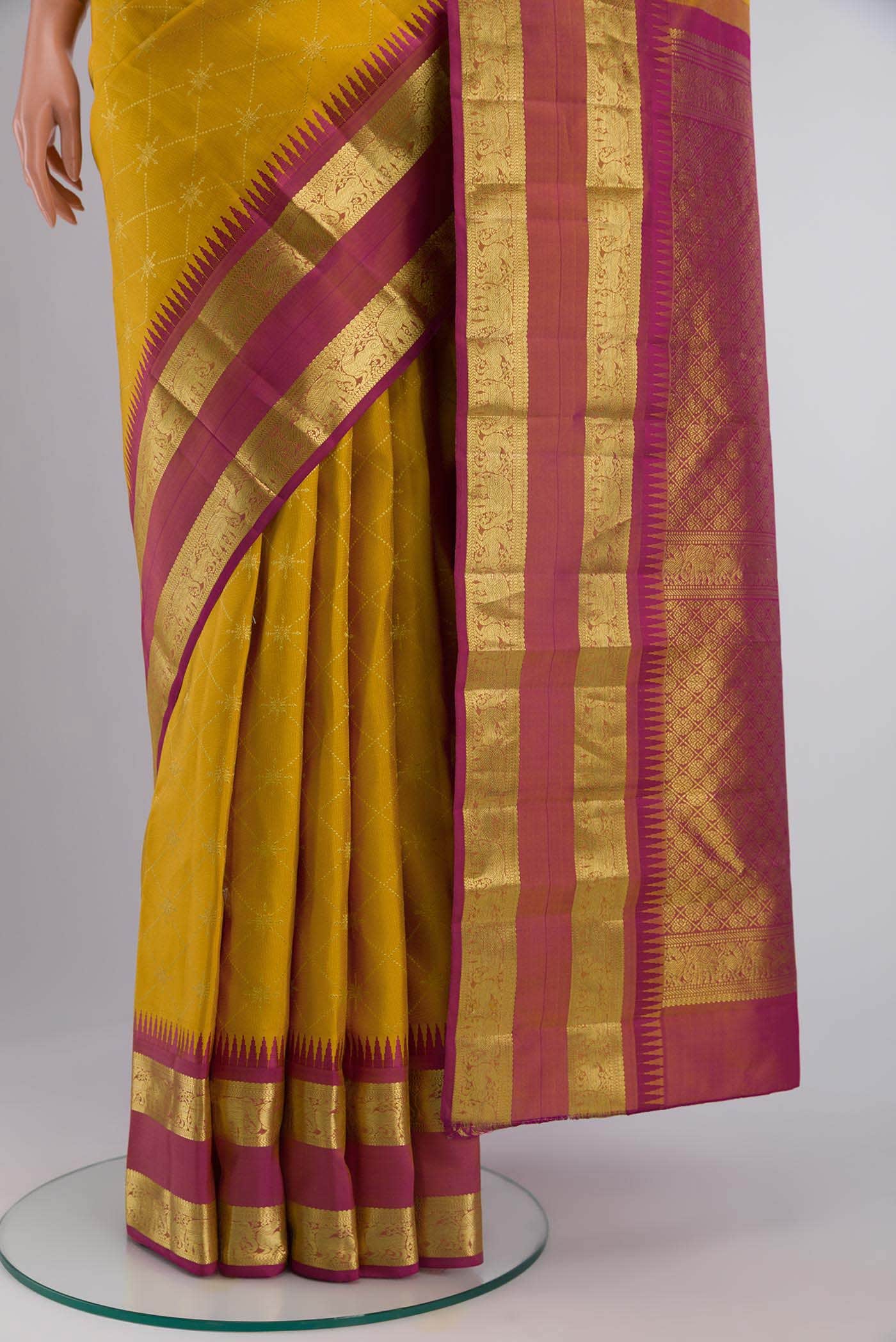 Vaidehi-Mustard Yellow Kanchipuram Silk Saree - Image 5