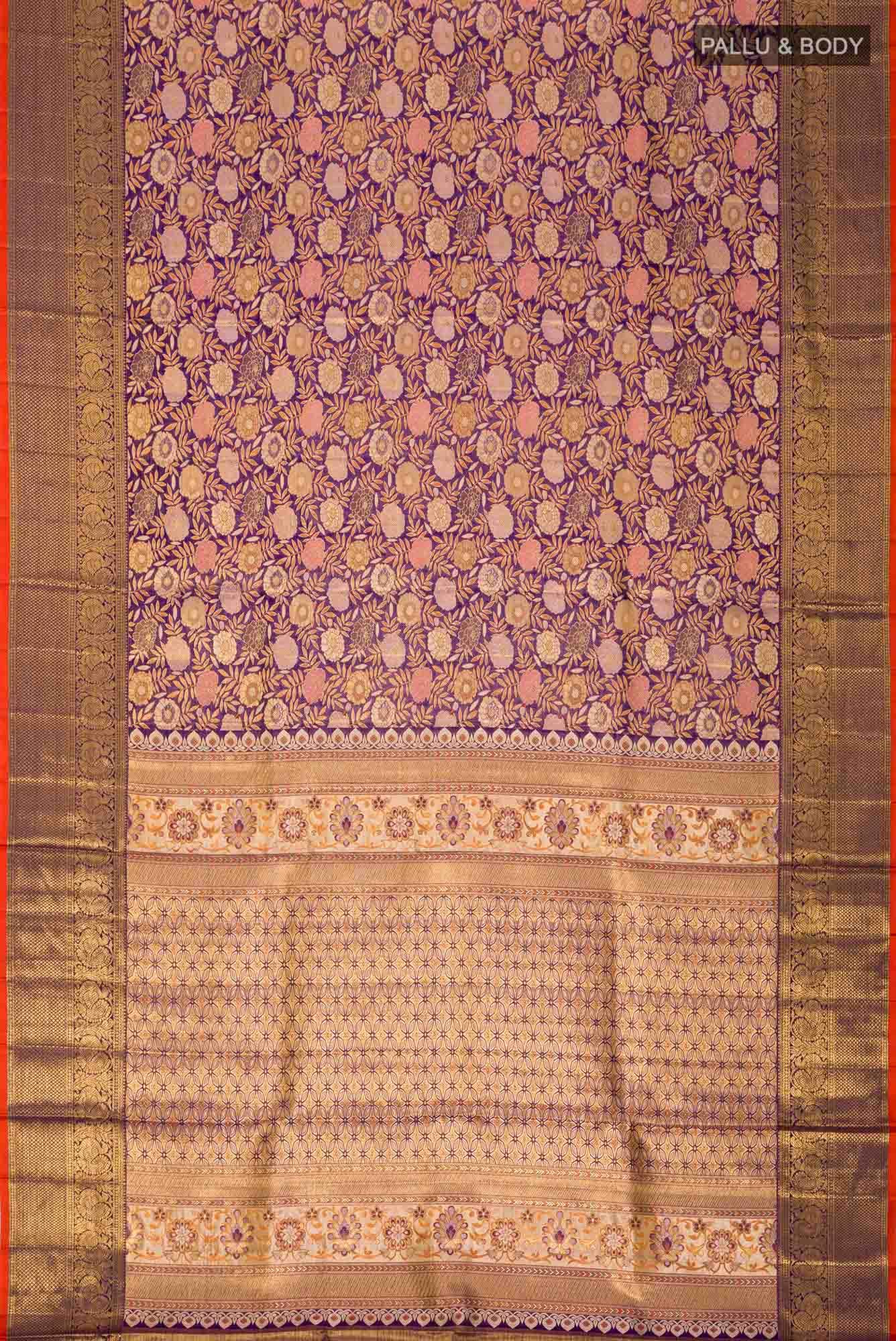 Pure Silk Pure Zari Violet Kanjivaram Tissue Saree - Image 4
