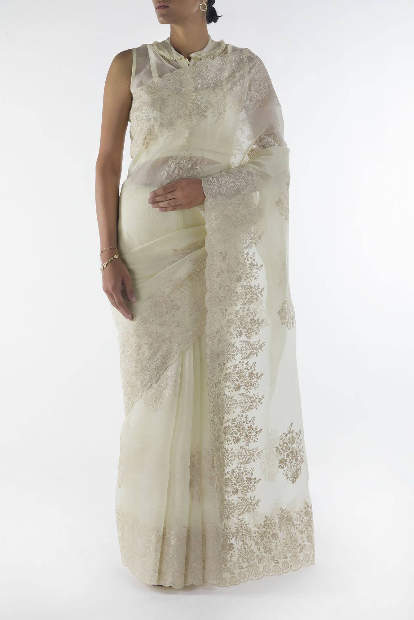 Minerva White floral design saree from Embroidered Romance Collection by Nalli - Image 2