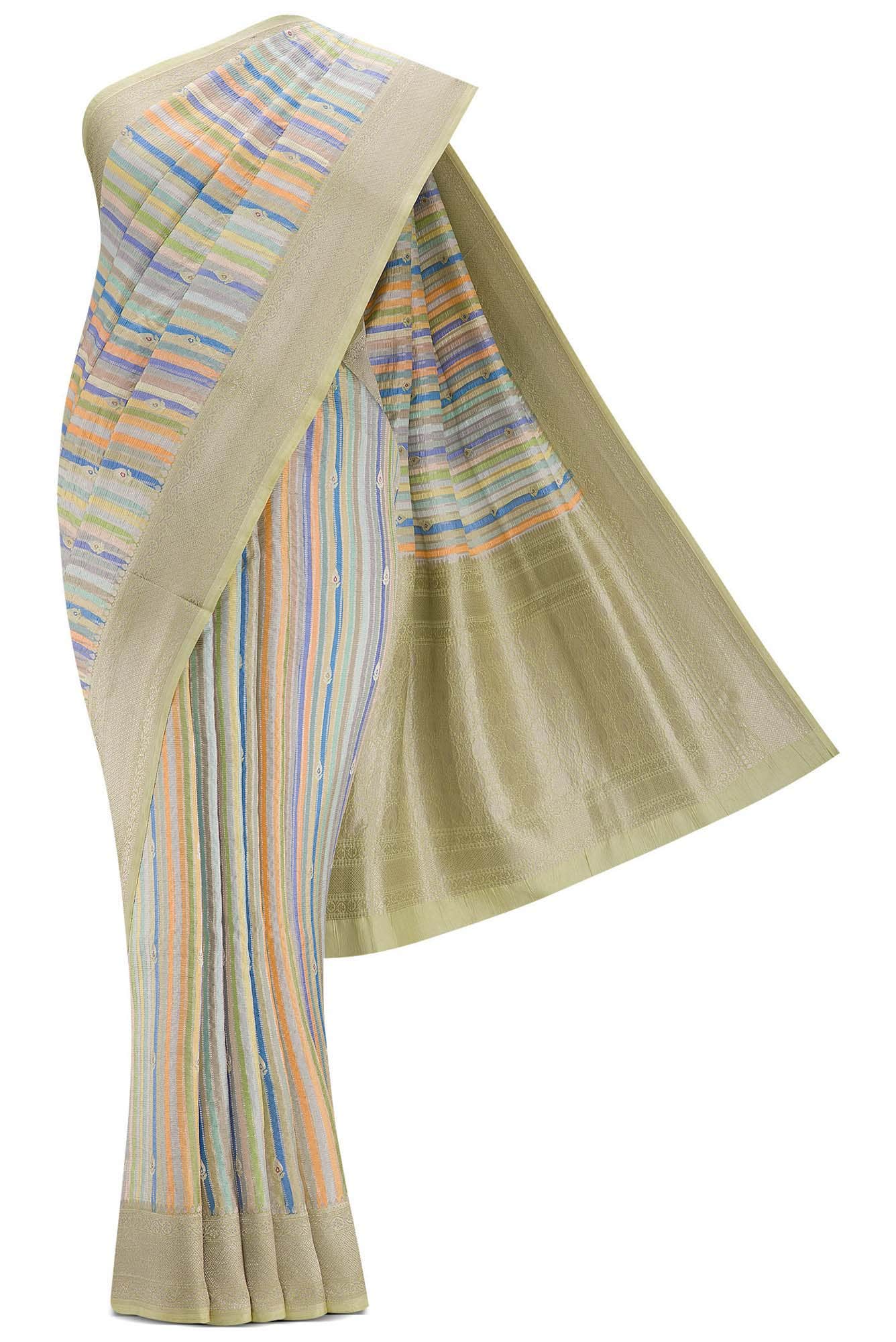 Yellow Royal BlueGrey and Pista Green Dual Tone Banarasi Silk Saree