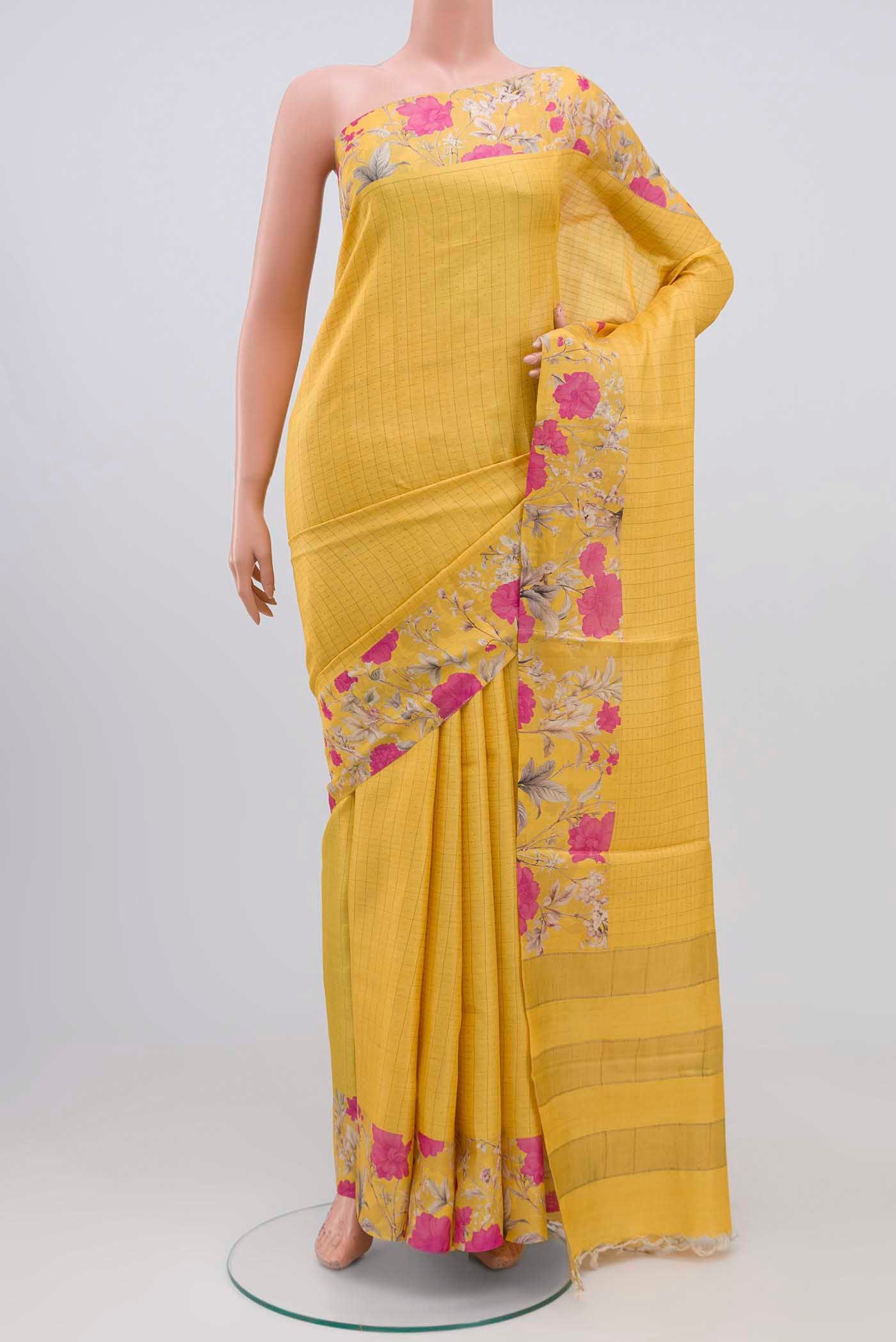 Yellow Tussar Silk Saree - Image 2